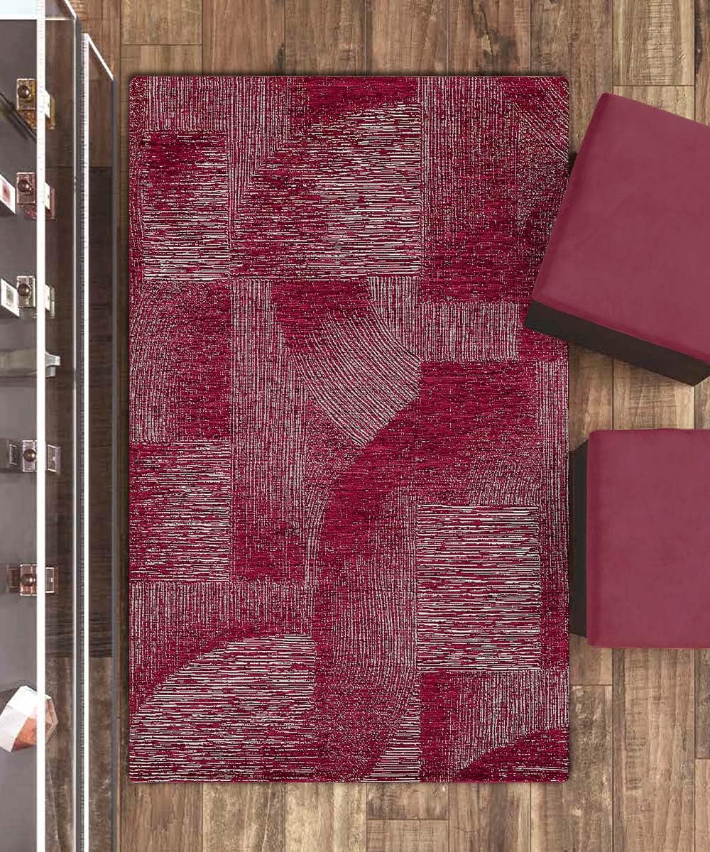 Tapis moderne abstrait rayures rouge 115 x 175 cm en chenille multi-usages lavable antidérapant