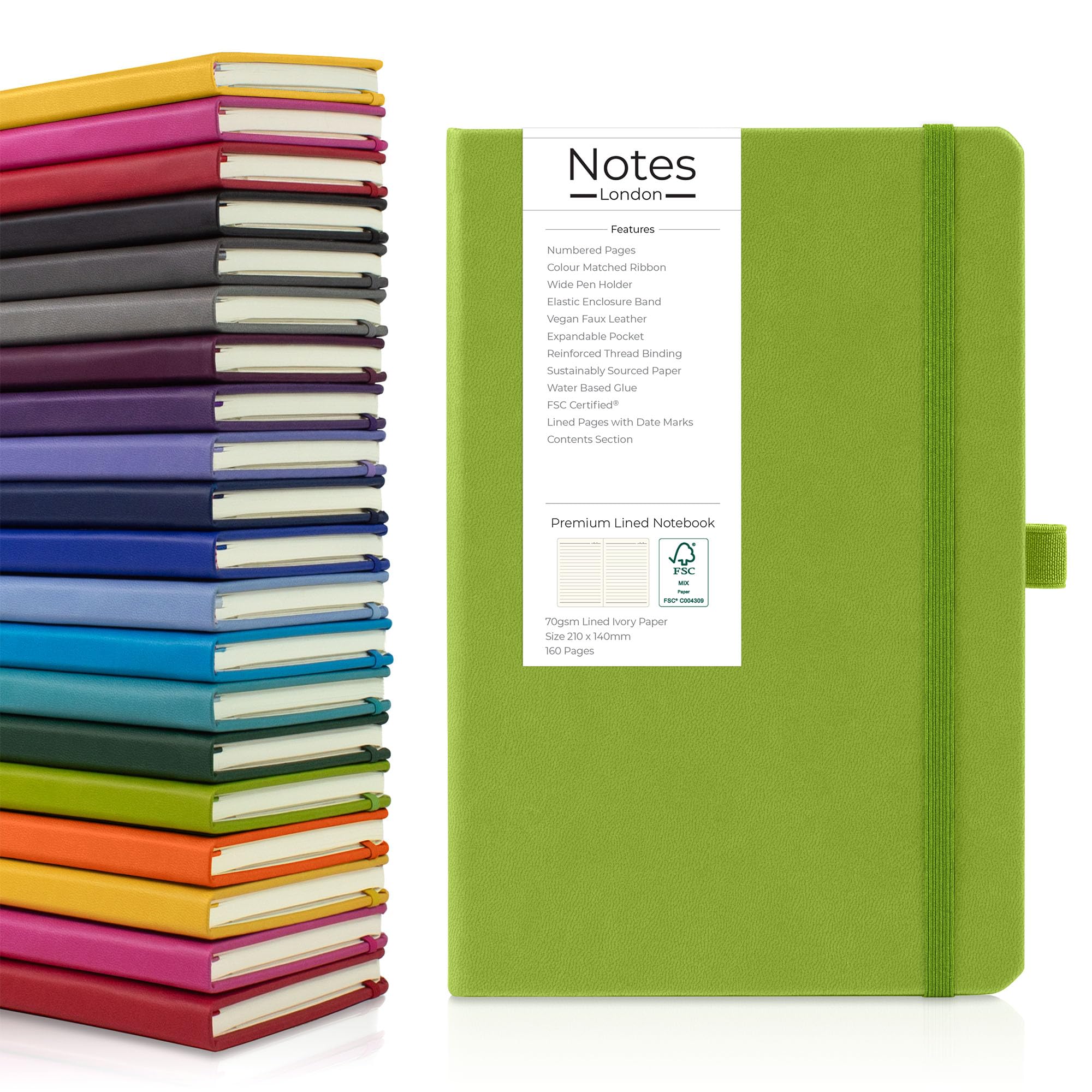 Notes London Eco A5 Notebook with Numbered Lined Pages, Contents Pages, Pen Loop, Ribbon, Date Marks & Paper Pocket, Medium Hardback Journal, sustainably sourced paper (Lime)