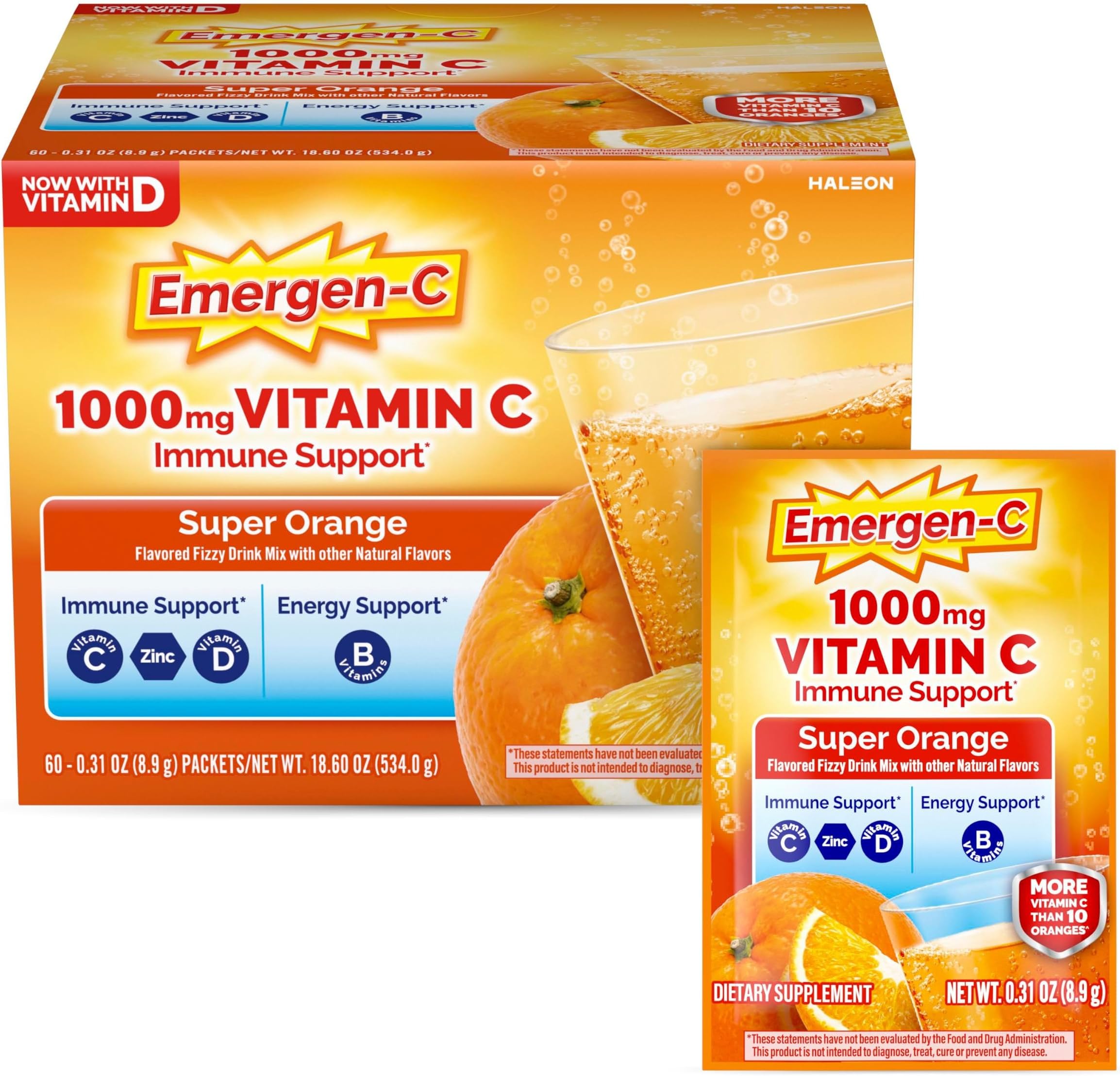 Emergen-C 1000mg Vitamin C Immune Support Powder Super Orange 60CT includes Zinc, Manganese, 7 B Vitamins and Electrolytes for Back to School Essentials