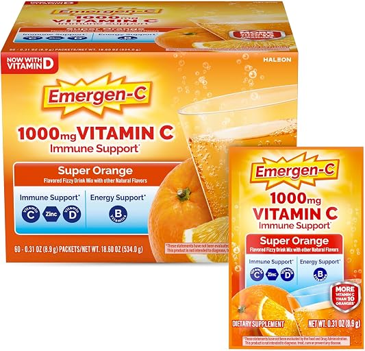 Emergen-C 1000mg Vitamin C Immune Support Powder Super Orange 60CT includes Zinc, Manganese, 7 B Vitamins and Electrolytes for Back to School Essentials