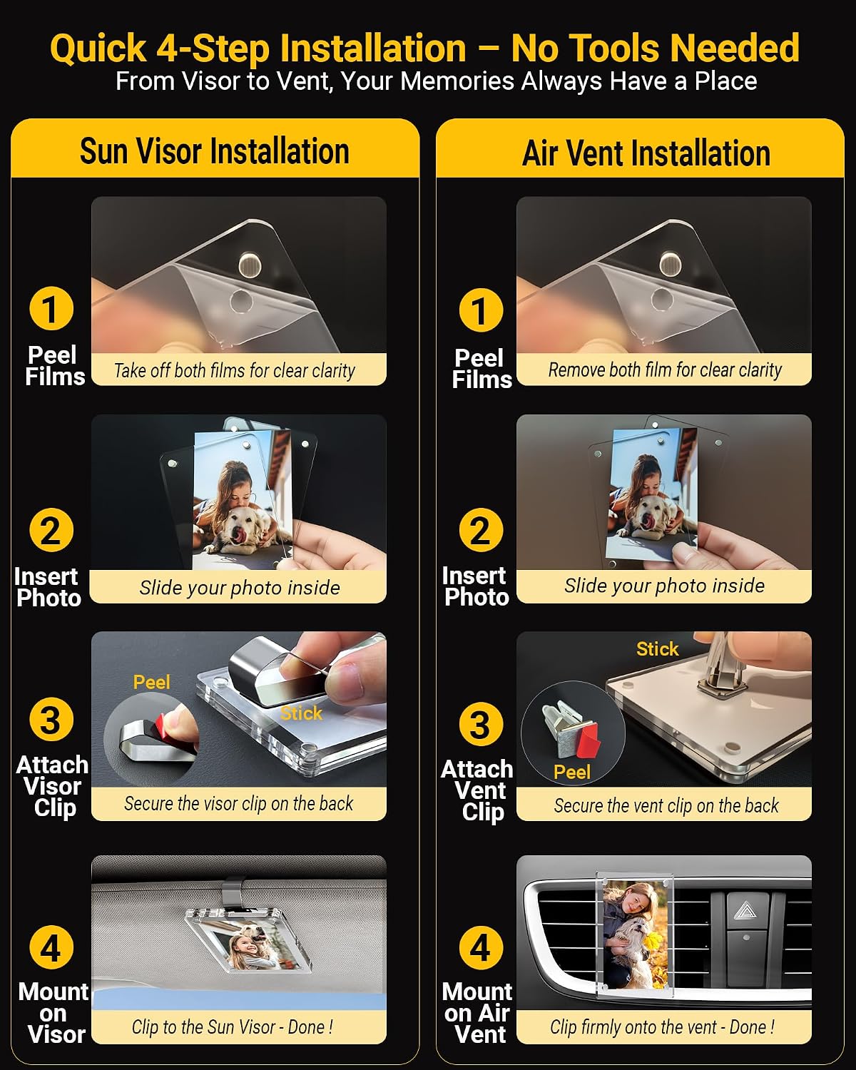 2Pcs Car Picture Holder for Sun Visor & Air Vent, Magnetic Acrylic Car Photo Frame for Dad, Clear Car Photo Clip for Instax Mini & Wallet Photos, for Dad