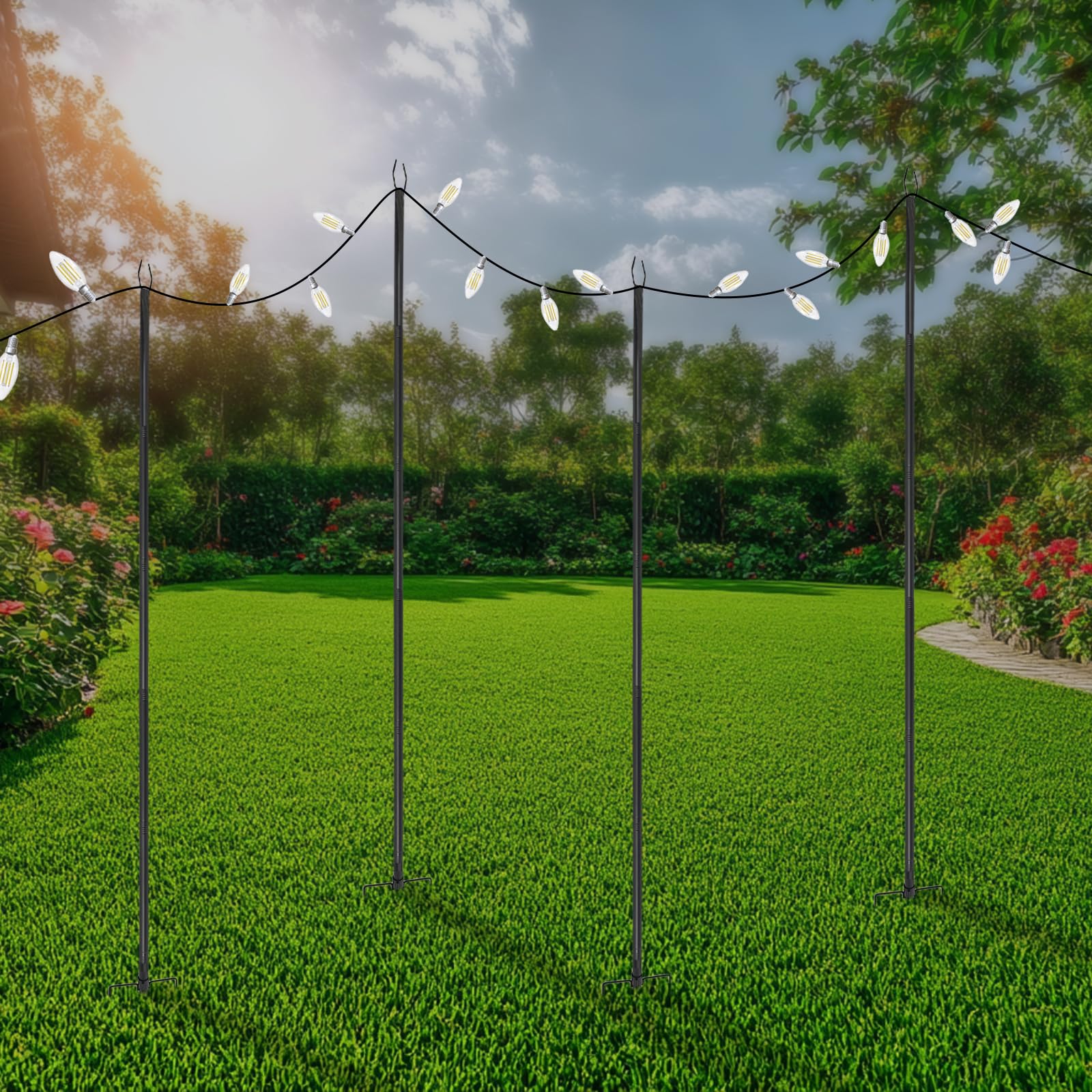 Lot de 4 mâts de guirlande lumineuse de 3 m avec piquet et fourche en forme de U - Barre lumineuse d'extérieur pour jardin, terrasse, balcon - Crochet de berger en fer pour guirlandes