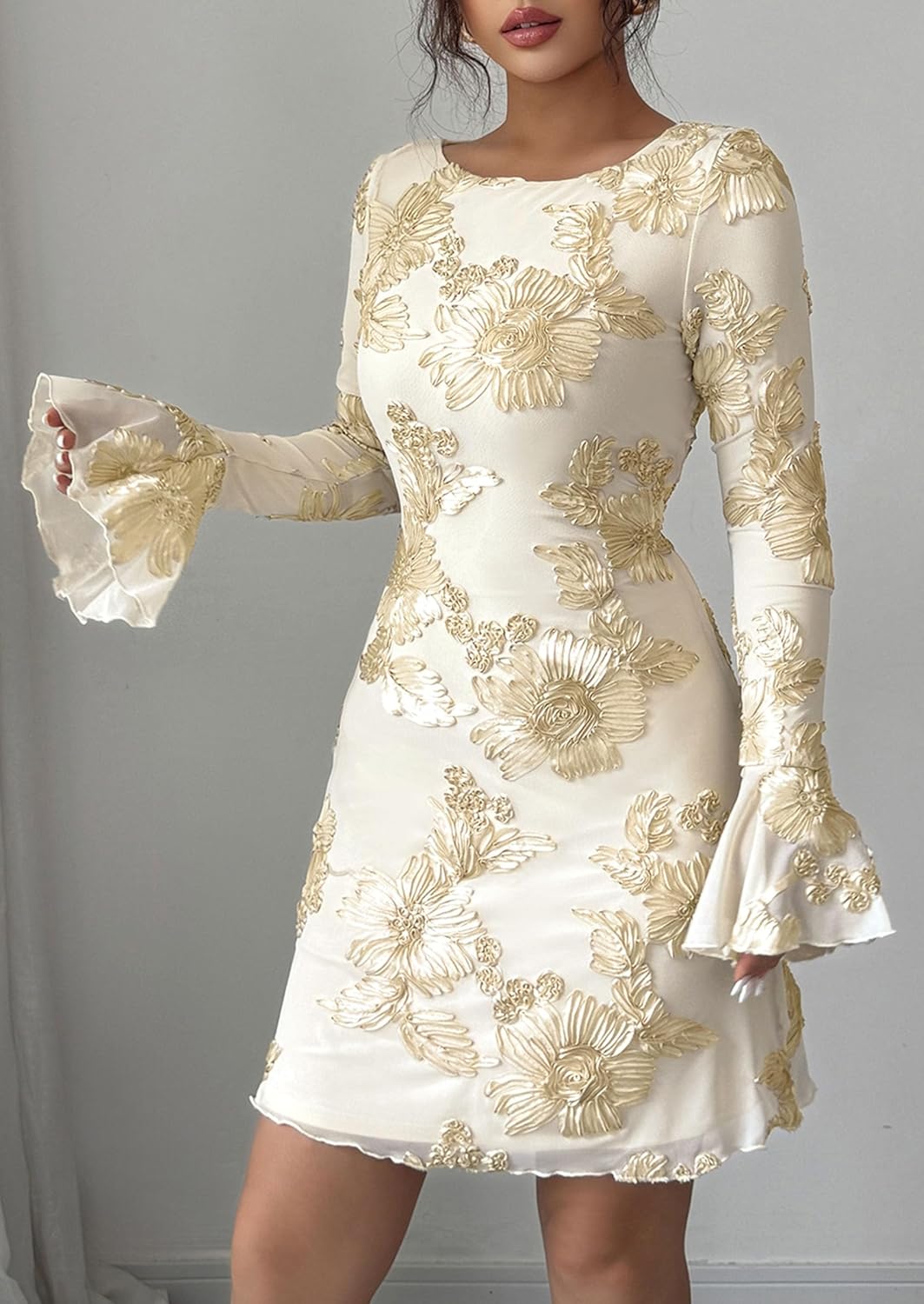 PRETTYGARDEN Women's Floral Dress Spring Fall Fashion Long Bell Sleeve Flower Mini Short Mesh Bodycon Party Dresses - Image 8