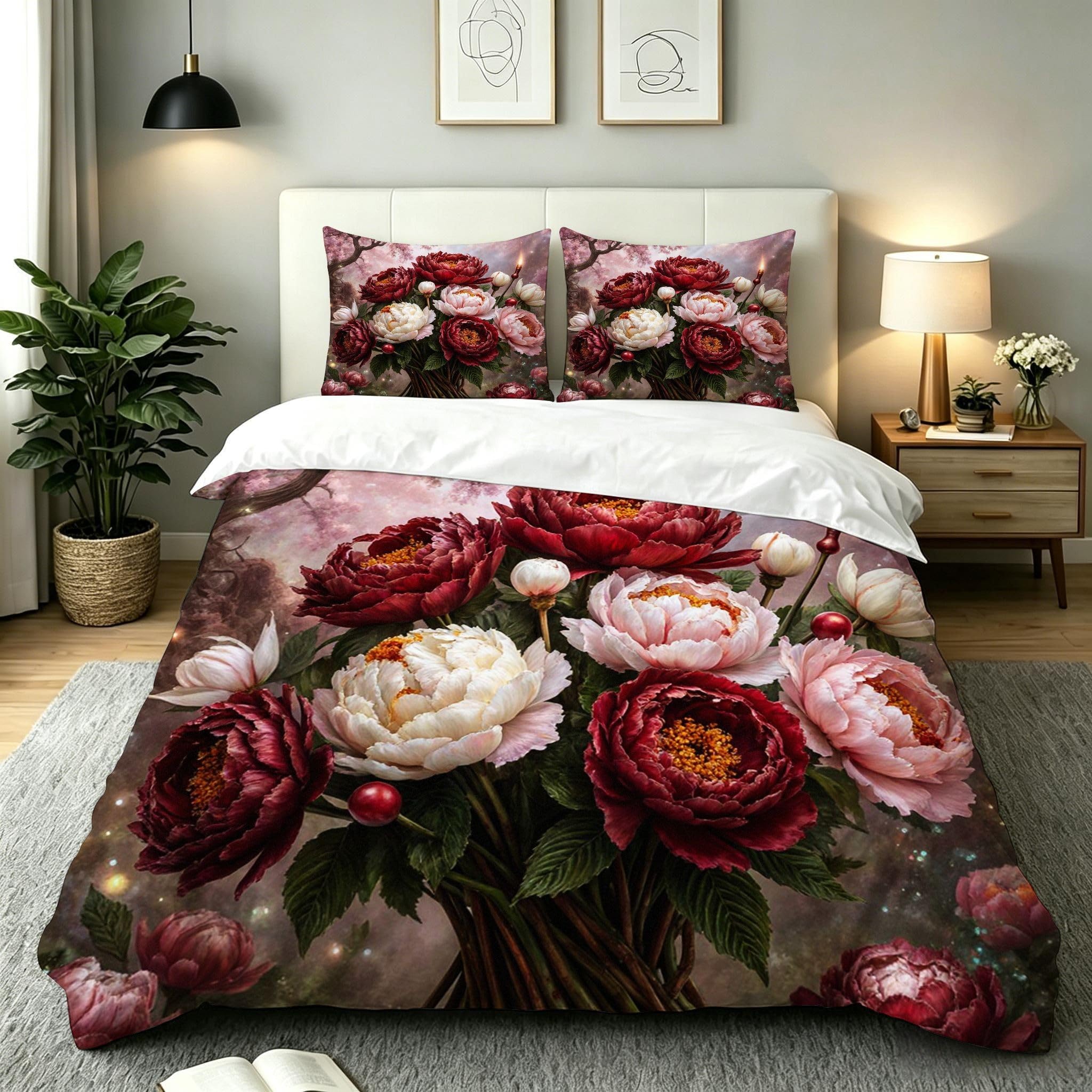 Housse de couette 160x200 qui ne glisse pas grâce aux bandes de coin cachées motif fleurs rouges