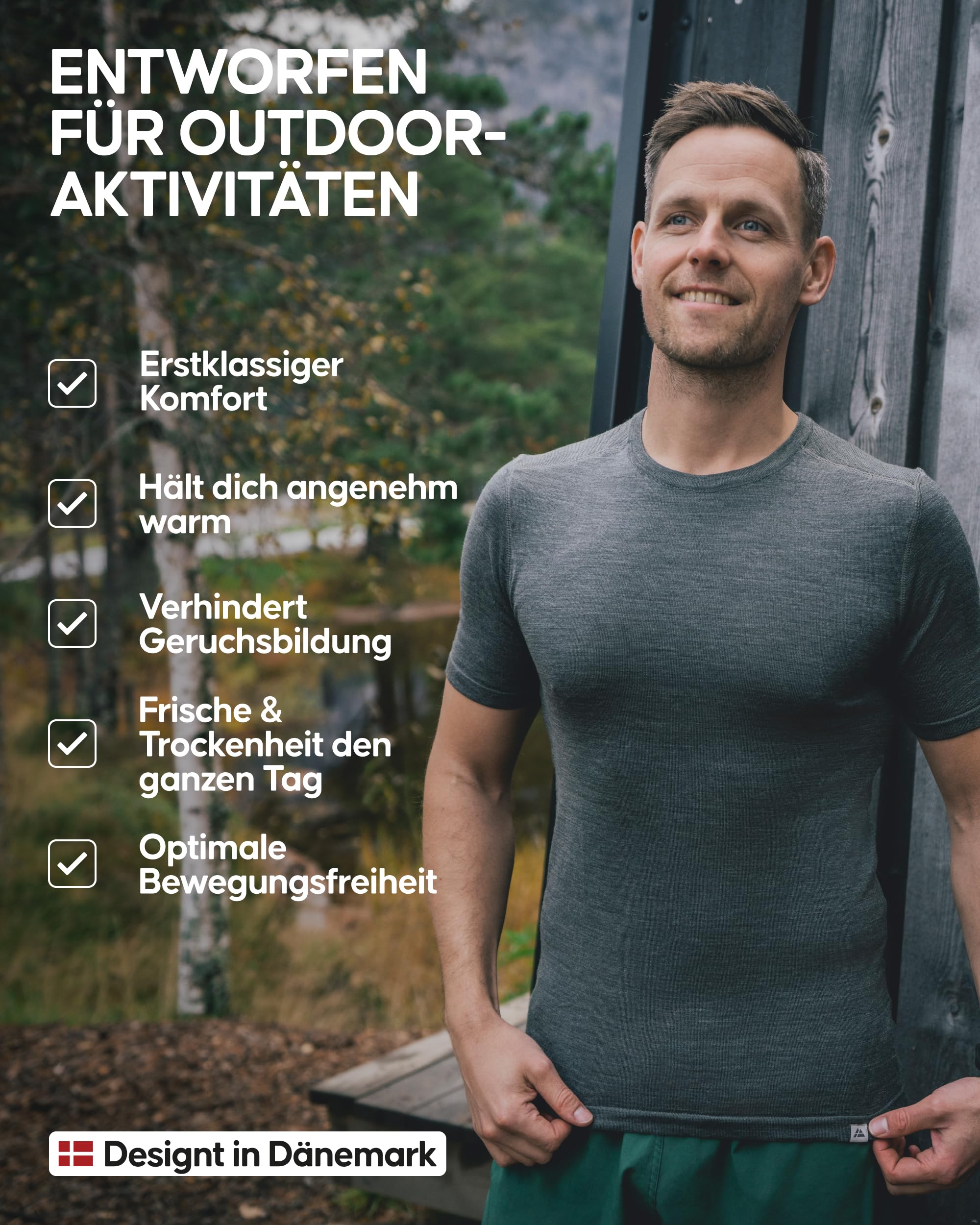 DANISH ENDURANCE Merino Shirt Herren, Premium Unterhemd Herren, Thermo Unterzieh-Funktionsshirt Herren, Kurzarm, Atmungsaktiv & Temperaturregulierend