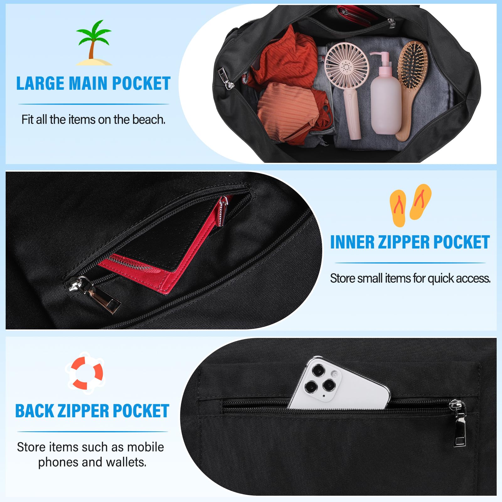IGOLUMON Bolsa Playa Grande XXL Familiar Shopper Bolso Playa Mujer con Cremallera Bolso De Hombro 40L Bolso de Tote para Playa Viajes Compras Negro