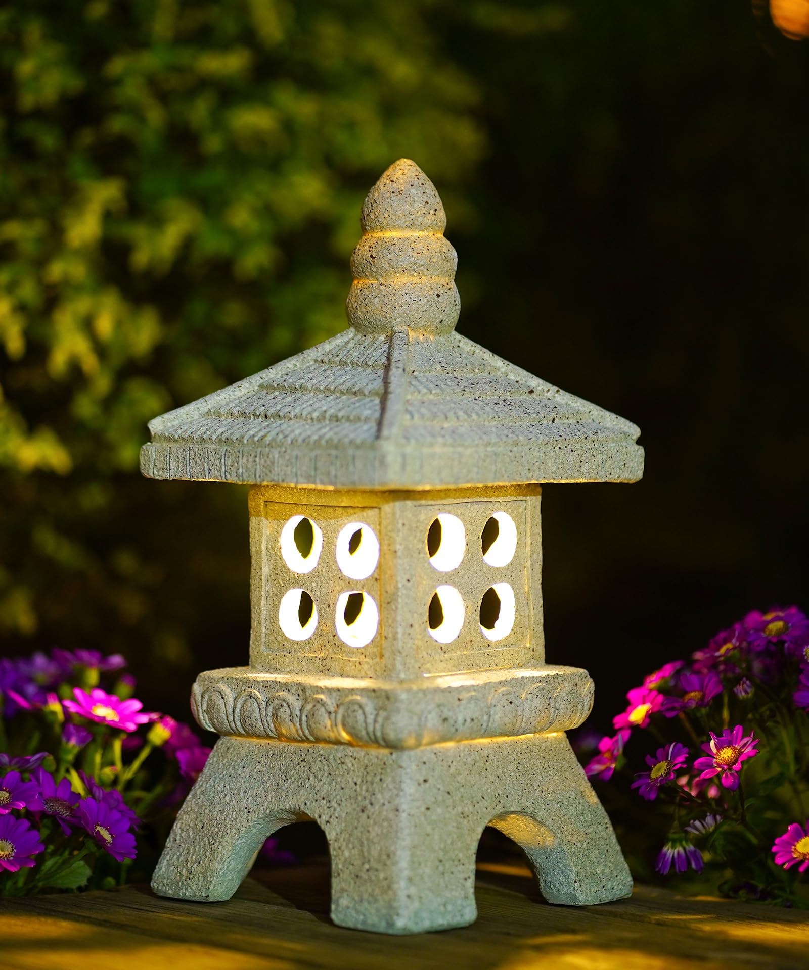 Yeomoo 29cm Solar Pagoda Garden Ornaments with LED Lights, Resin Grey Decor