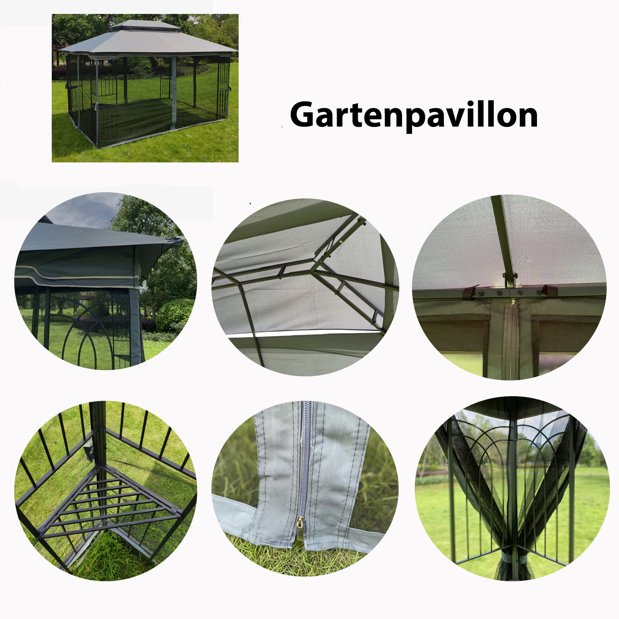 Pawilon ogrodowy 4 x 3 mm, wodoszczelny, odporny na warunki atmosferyczne metal i w 100% materiał hydrofobowy, podwójny dach dla lepszego dopływu powietrza, z siatką przeciw owadom, z pierścieniami do roślin (szary)
