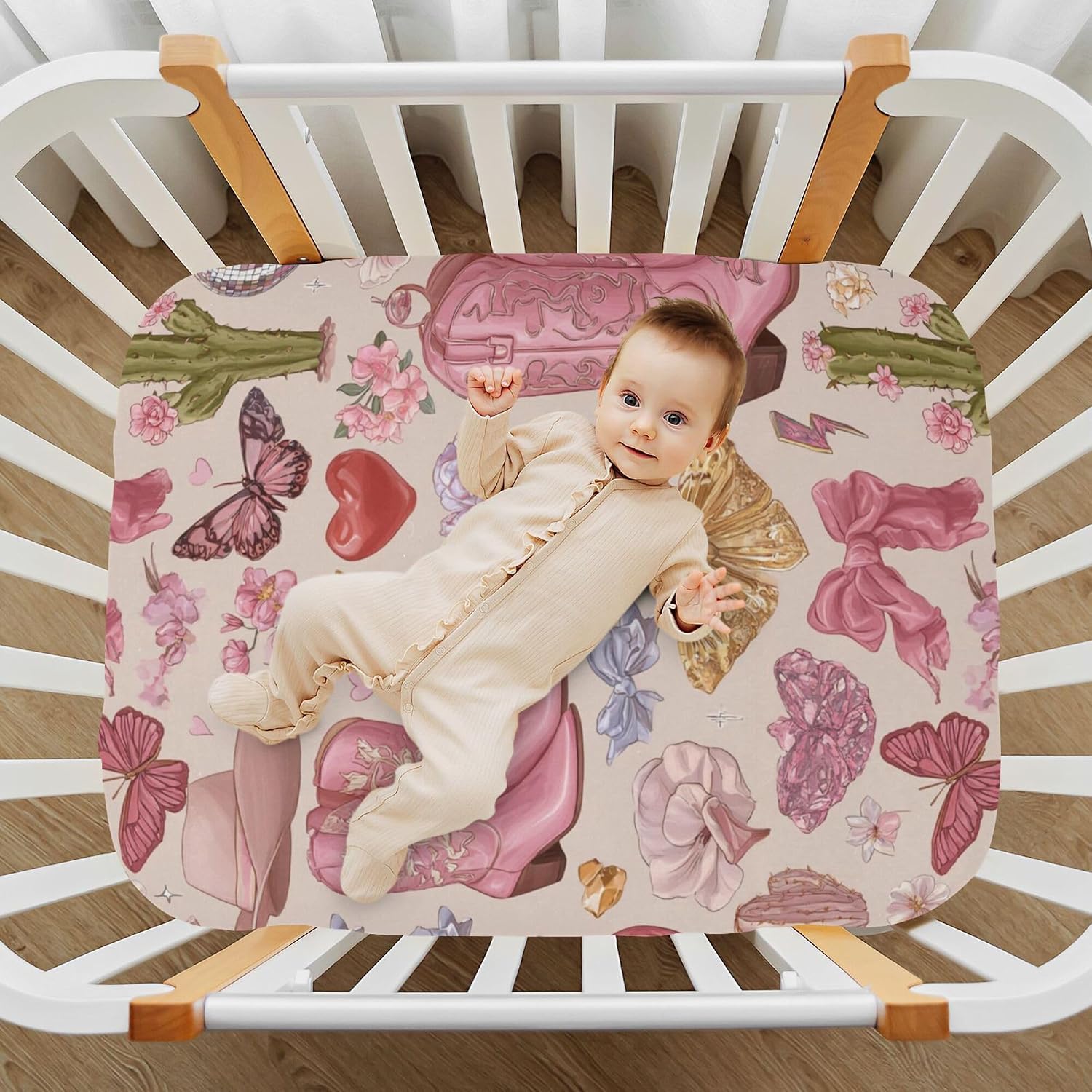 Western Cowgirl Boots Vintage Crib Sheets Soft Breathable Fitted Baby Crib Sheets Mattress Cover for Girls Boys, 52" x 28" x 9"