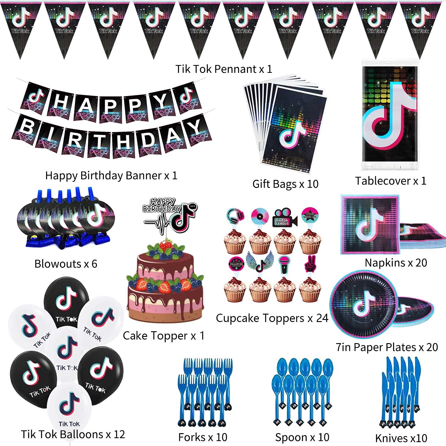 Set of 137Pcs Tik Tok Party Decorations and Birthday Supplies Includes