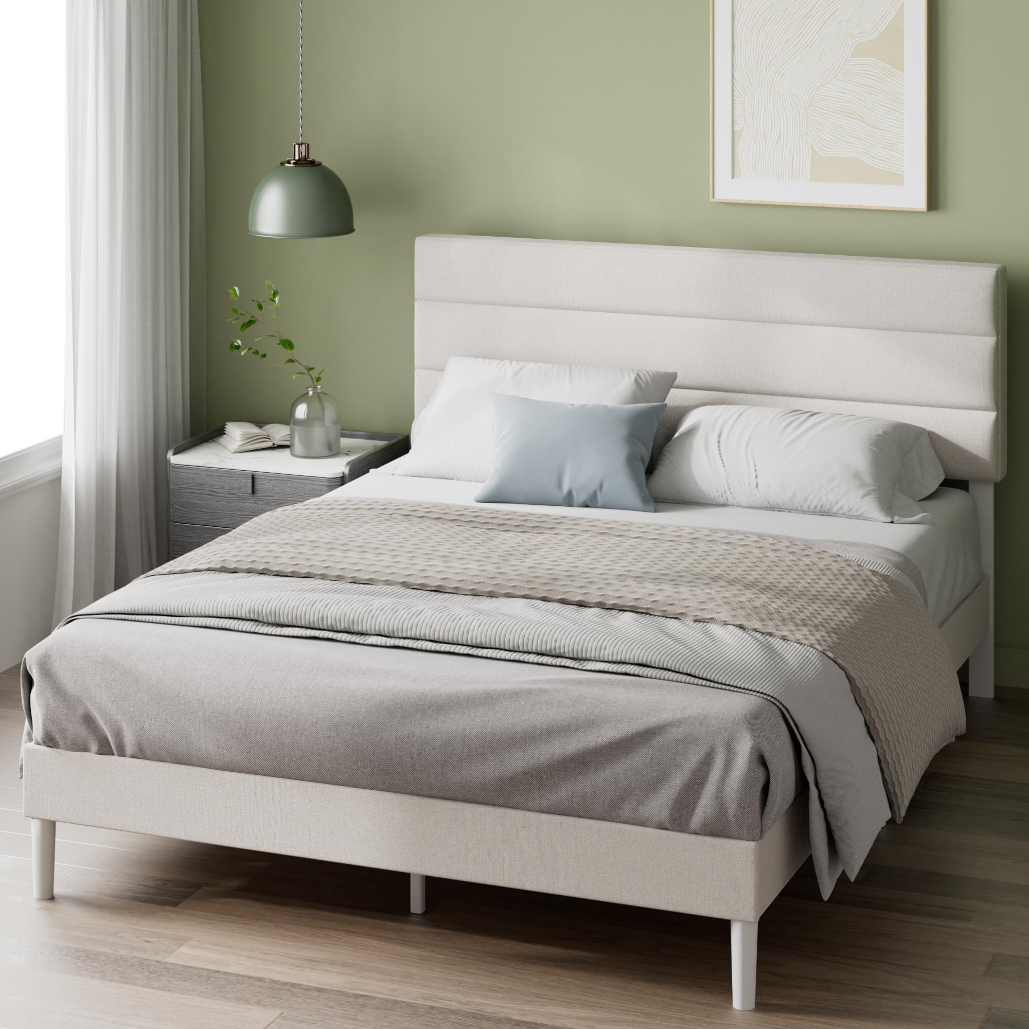 Zinus Piper King Upholstered Bed Frame with Headboard (150 x 200 cm) – Fabric Bed Frame with Wooden Slat Support, Easy Assembly – Off White