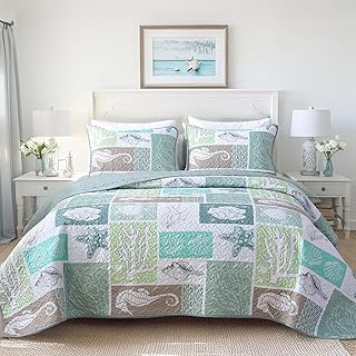Coastal Quilt Set Queen Size, Beach Coverlet Sage Green Starfish Coral S...