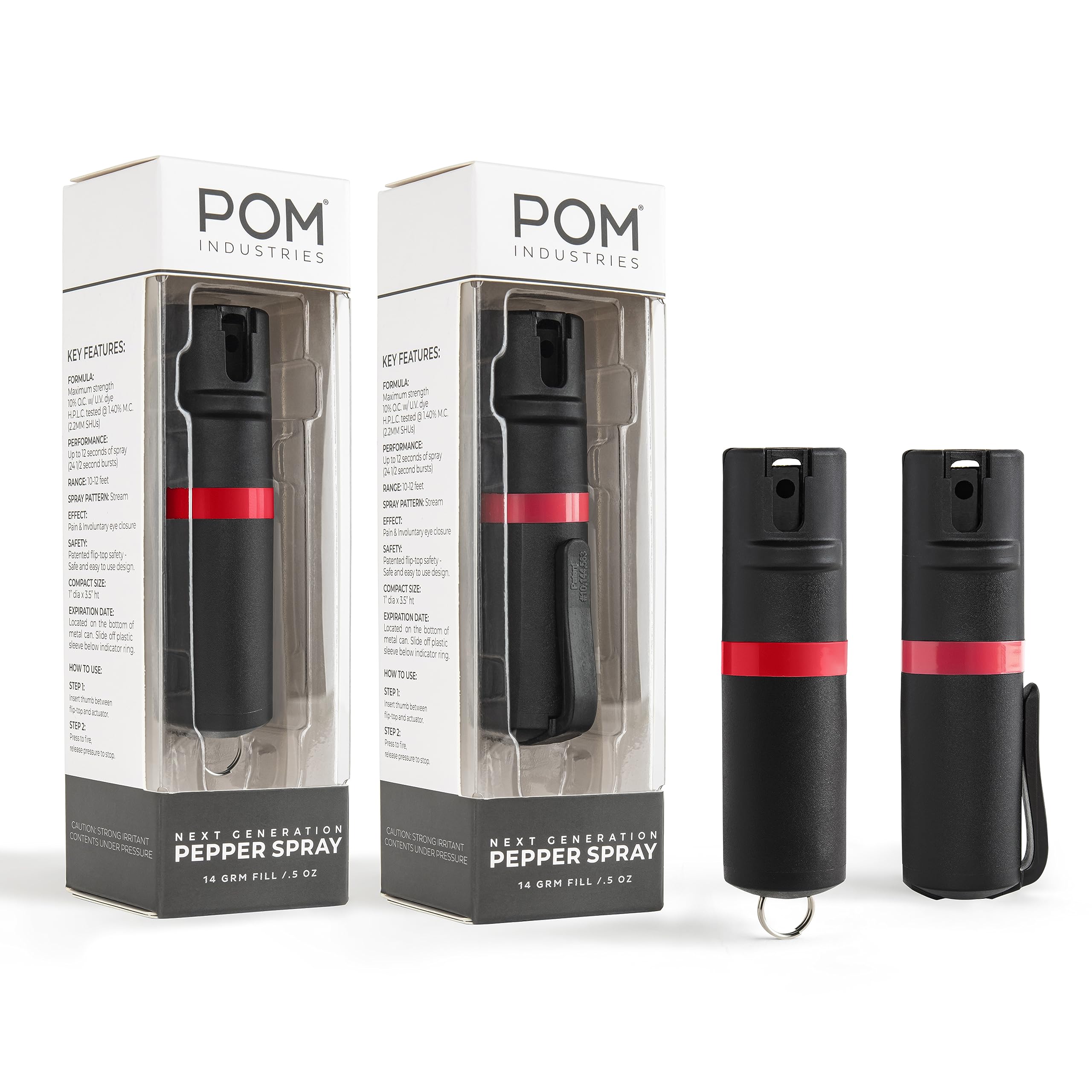 POM Pepper Spray Combo Pack Clip & Keychain - Maximum Strength OC Spray Self Defense- Tactical Compact & Safe Design - 25 Bursts & 10 ft Range - Stream Spray Pattern