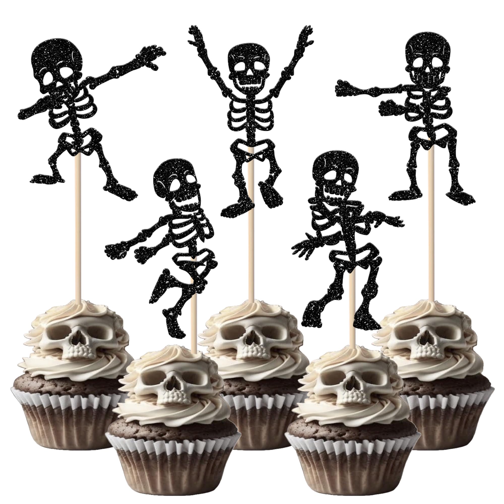 Xsstarmi 30 Pack Halloween Skeletons Cupcake Toppers Black Glitter Skulls Dancing Skeletons Cupcake Picks for Horrible Birthday Halloween Party Cake Decorations Supplies