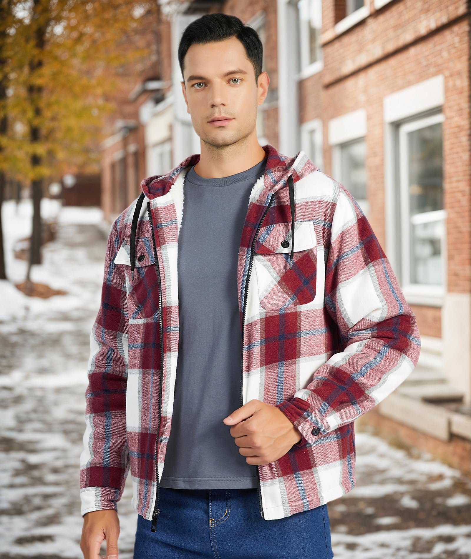 JACKETOWN Veste Polaire Homme Avec Capuche Chemise En Flanelle à Carreaux Veste Mi-Saison Chaude Doublée Manteau Décontracté Avec Poches Idéale Pour L’automne Et L’hiver