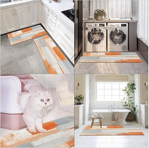 Miniatura 6 de Arttown Juego de 2 tapetes de cocina antifatiga gris naranja y gris abstracto, tapete antideslizante impermeable y tapete ergonómico de espuma de