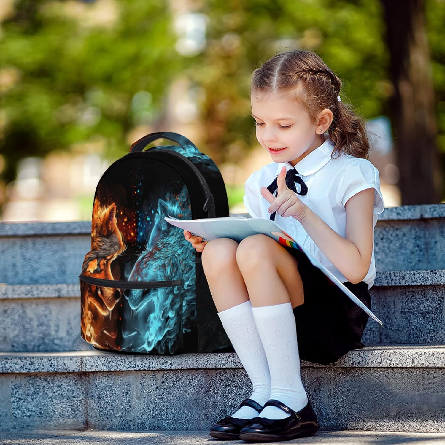 aportt Blue Red Fire Water Wolf Backpack for Boys Girls Durable Casual Basic Kids Bookbag Lightweight School Bag for Teens Students Travel Daypack - Image 4