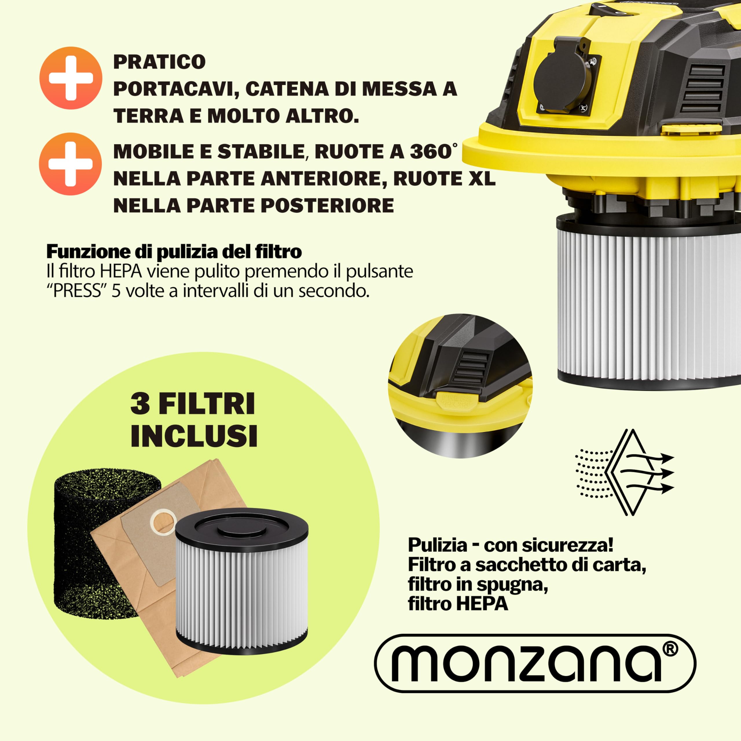 Monzana® Aspirapolvere Liquidi Solidi 30L 2200W Presa Certificata GS Raggio 9m Aspiratore Secco Umido Industriale Acciaio Inox con Funzione di Soffiaggio