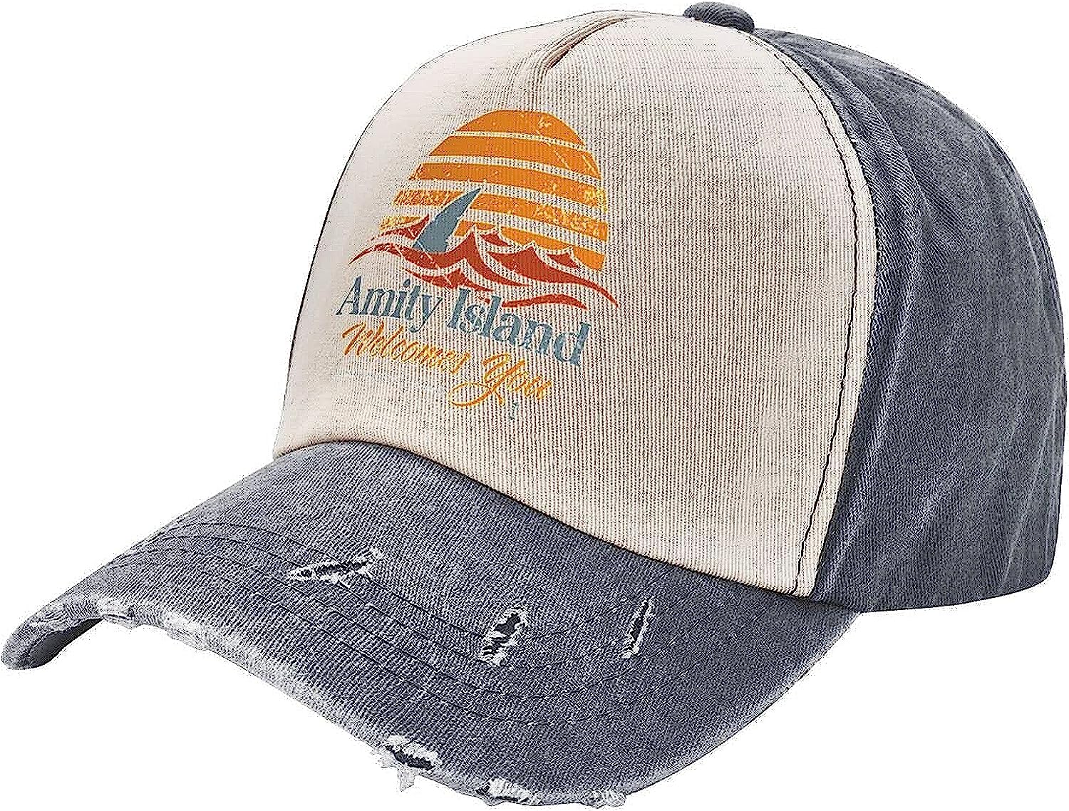 Fifbird Unisex Gray Jaws Amity Island Hats Distressed Baseball Caps Washed Dad Trucker Denim Cowboy Hat