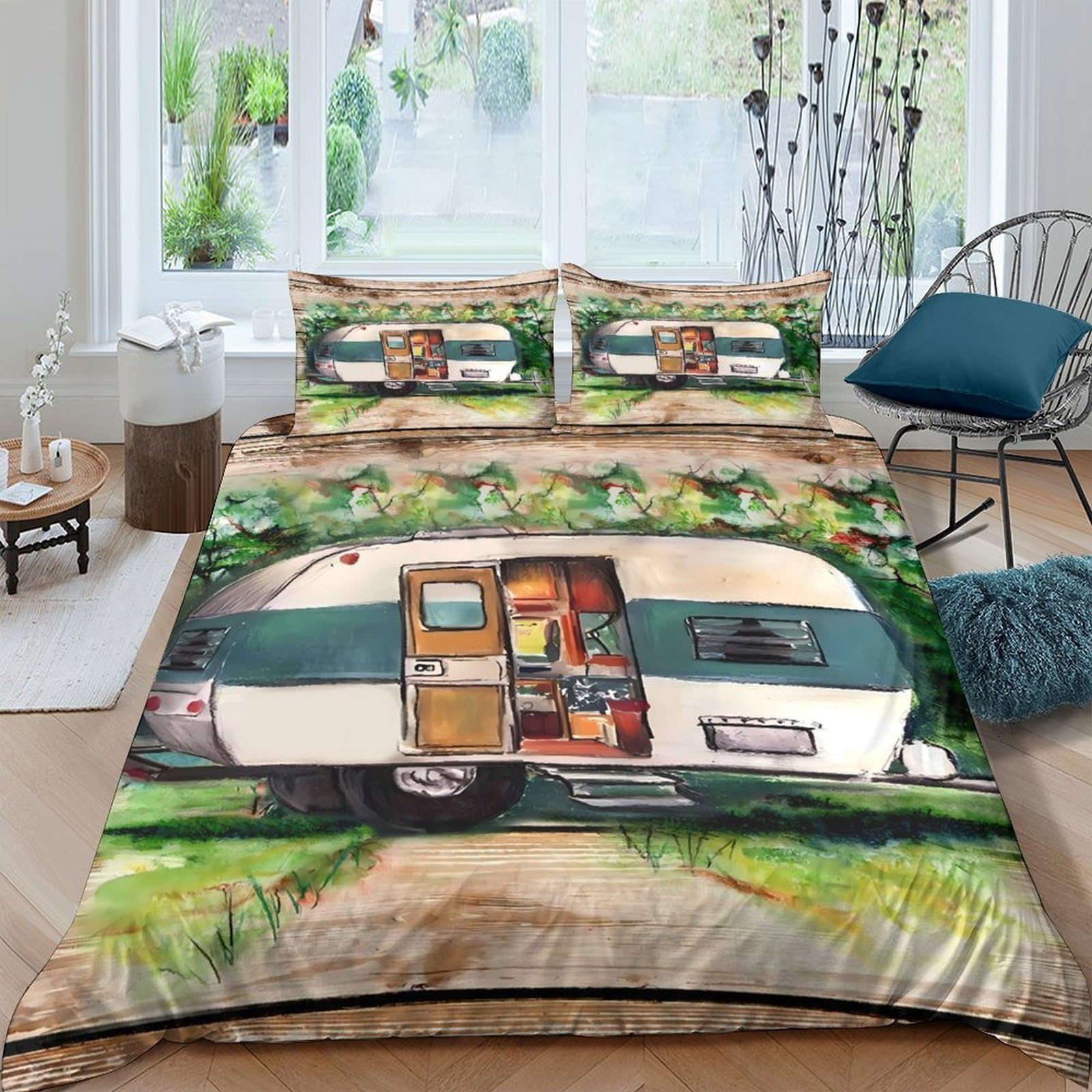 Ctjqhvkz Style-10 3D Printed Retro Caravan Fitted Sheet Microfiber Soft Breathable Forest Camper Bed Cover For Bedroom Guest Room Decor Single（135X200cm）