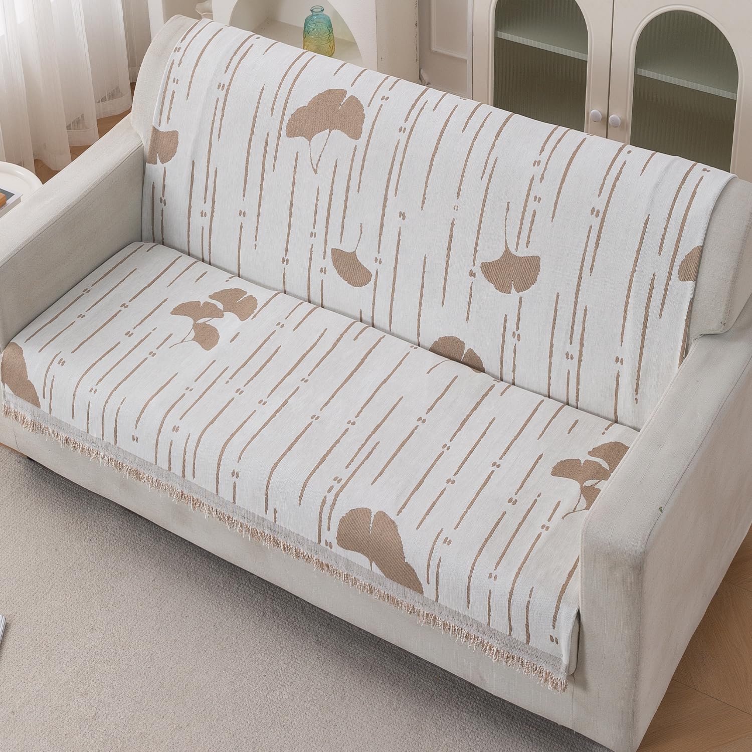 HOKIPO Premium Chenille 320 GSM Sofa Cover for 2 Seater Sofa | Full Protection for Sofa Seat and Back |'Serene Abode Series' (180x120 cm), Beige Ginkgo Lines (AR-6635-D2)-image-49
