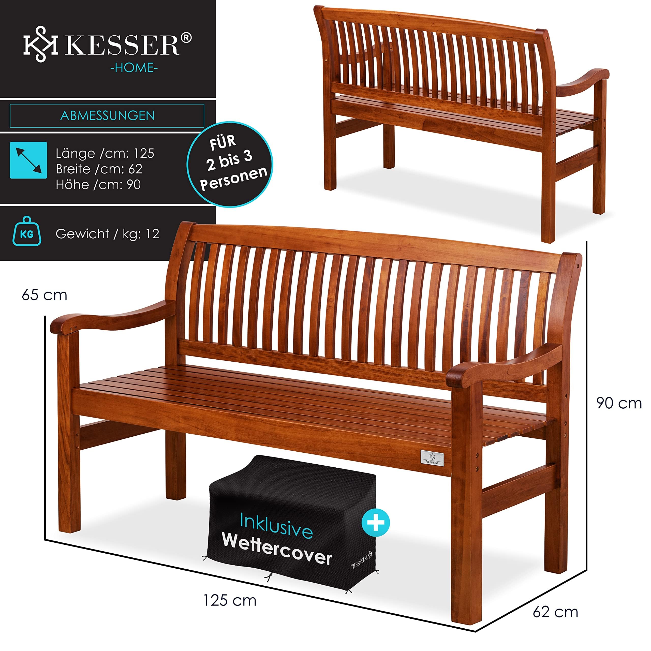 KESSER® Banco de jardín de madera resistente a la intemperie, 125 cm, banco de madera para jardín, 2 – 3 plazas, banco de exterior, banco de balcón de madera maciza, banco de parque, soporta 320 kg