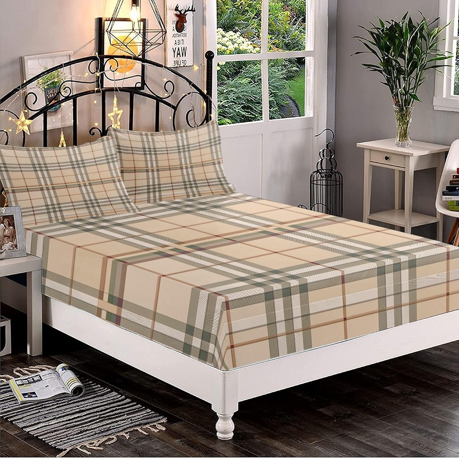 Drap Housse 200x200cm Beige Bande Élastique Réglable 2 Personnes Lit