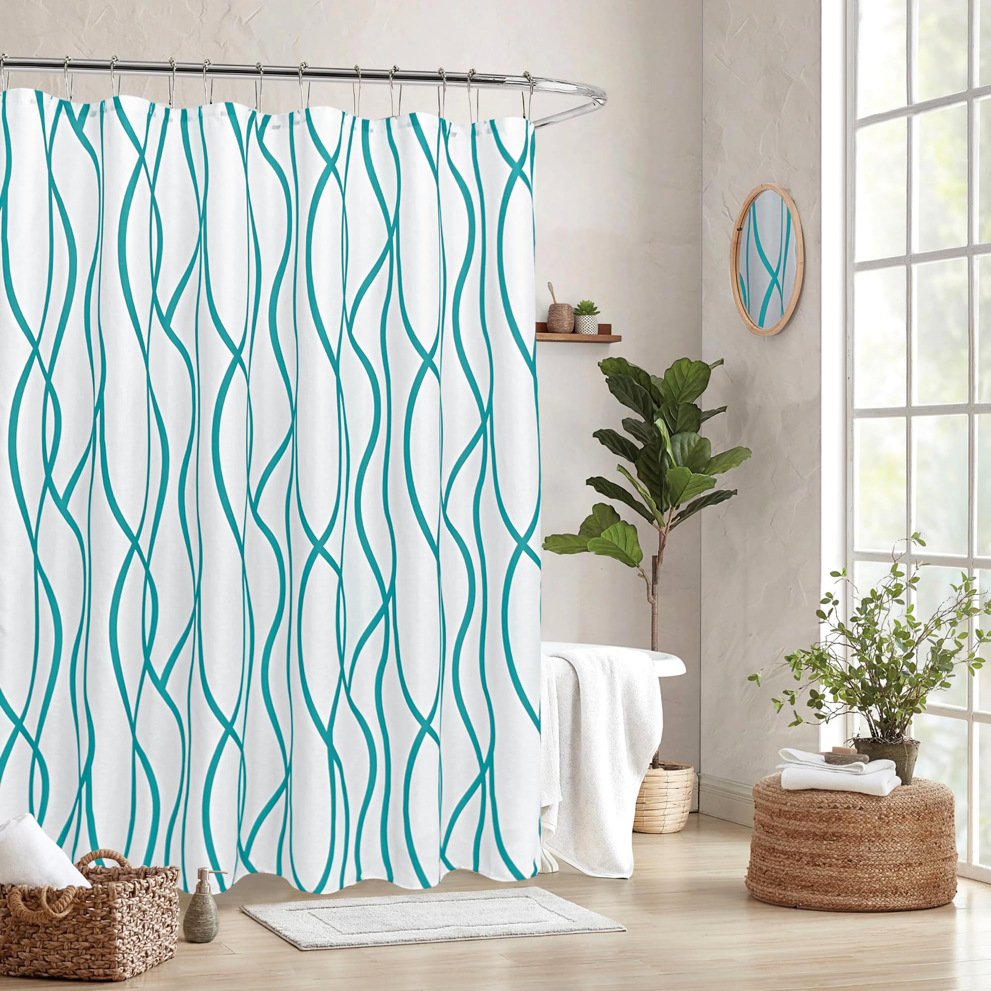 Biscaynebay Textured Fabric Shower Curtain 72x72 Inch, Turquoise Striped Printed Linen Modern Hotel Luxury Quality Cloth Bathroom Curtains Machine