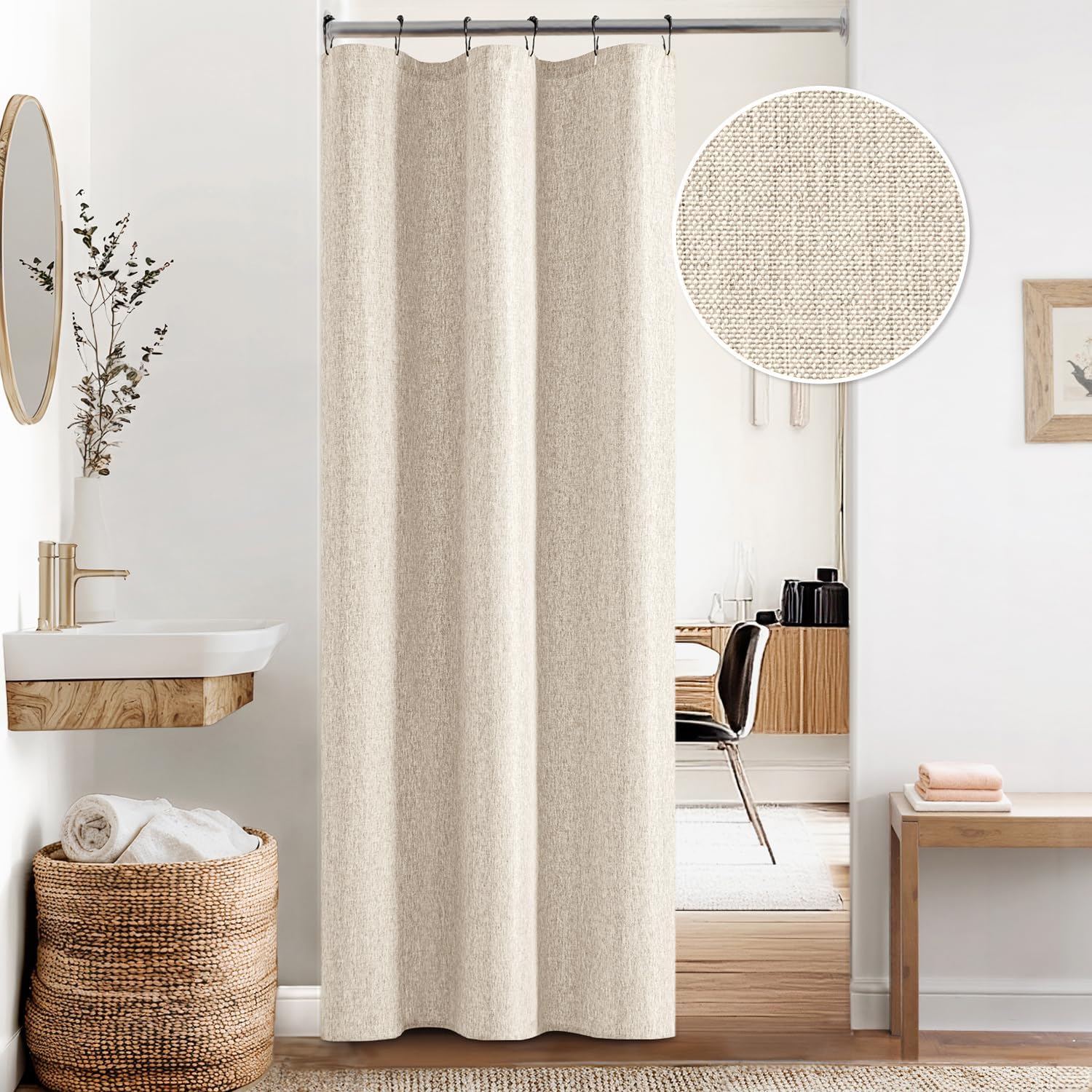 ANRODUO Cream Linen Shower Curtain, Boho Farmhouse Fabric Shower Curtain Set with 6 Metal Hooks, Waterproof Heavy Duty Textured Polyester, Button Hole Design, Machine Washable for Bathroom, W36xL72
