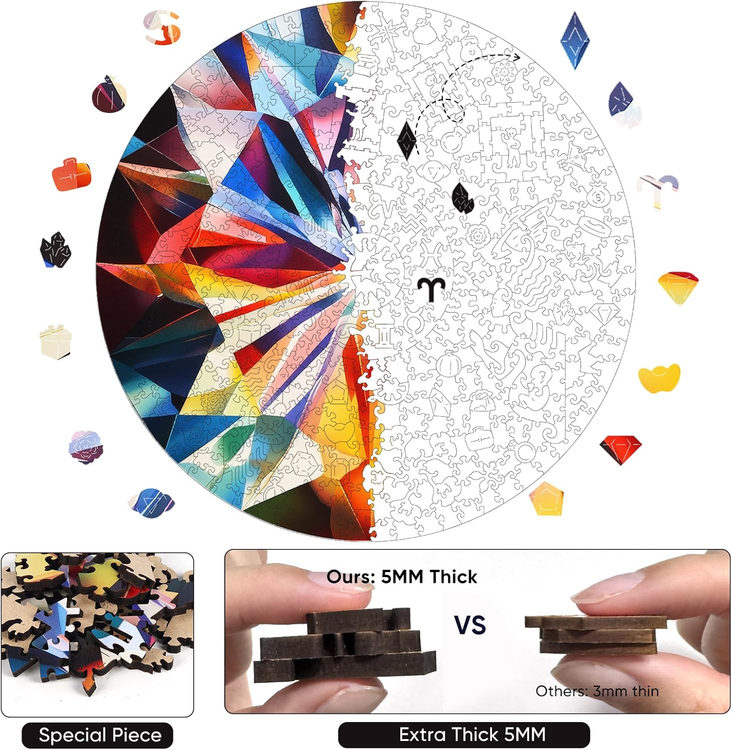 MYS A·U·R Wooden Puzzles for Adults, 5MM Thick Colorful Diamond Jigsaw Puzzles, 200 Pieces Unique Hard Adult Puzzles Gifts for Family Game Nights 11.2 * 11.2Inch