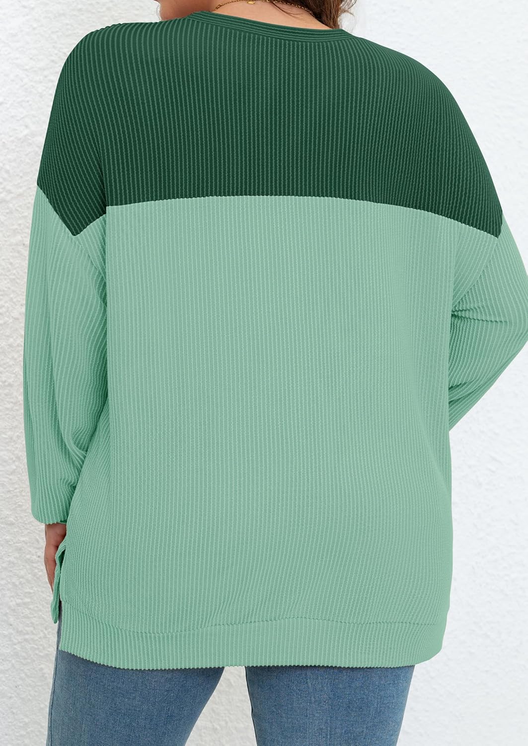 Womens Plus Size Sweatshirt Color Block Side Split Long Sleeve Crewneck Casual Loose Pullover Shirt Top - Image 4