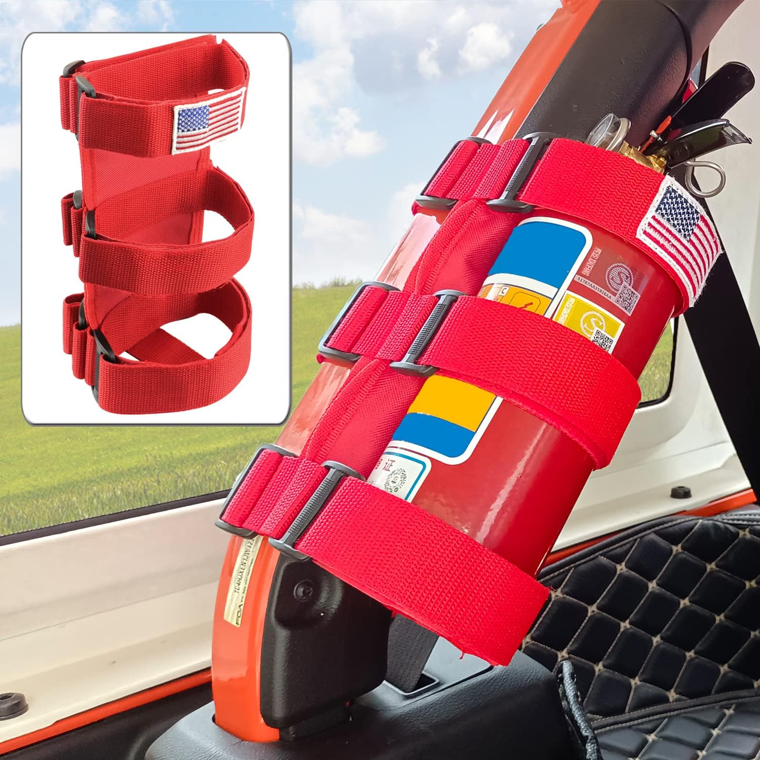 Black Fire Extinguisher Holder Roll Bar Adjustable Strap Brackets Fits for Jeep Wrangler Unlimited CJ YJ TJ LJ JK JKU JL JLU with USA Flag Pattern