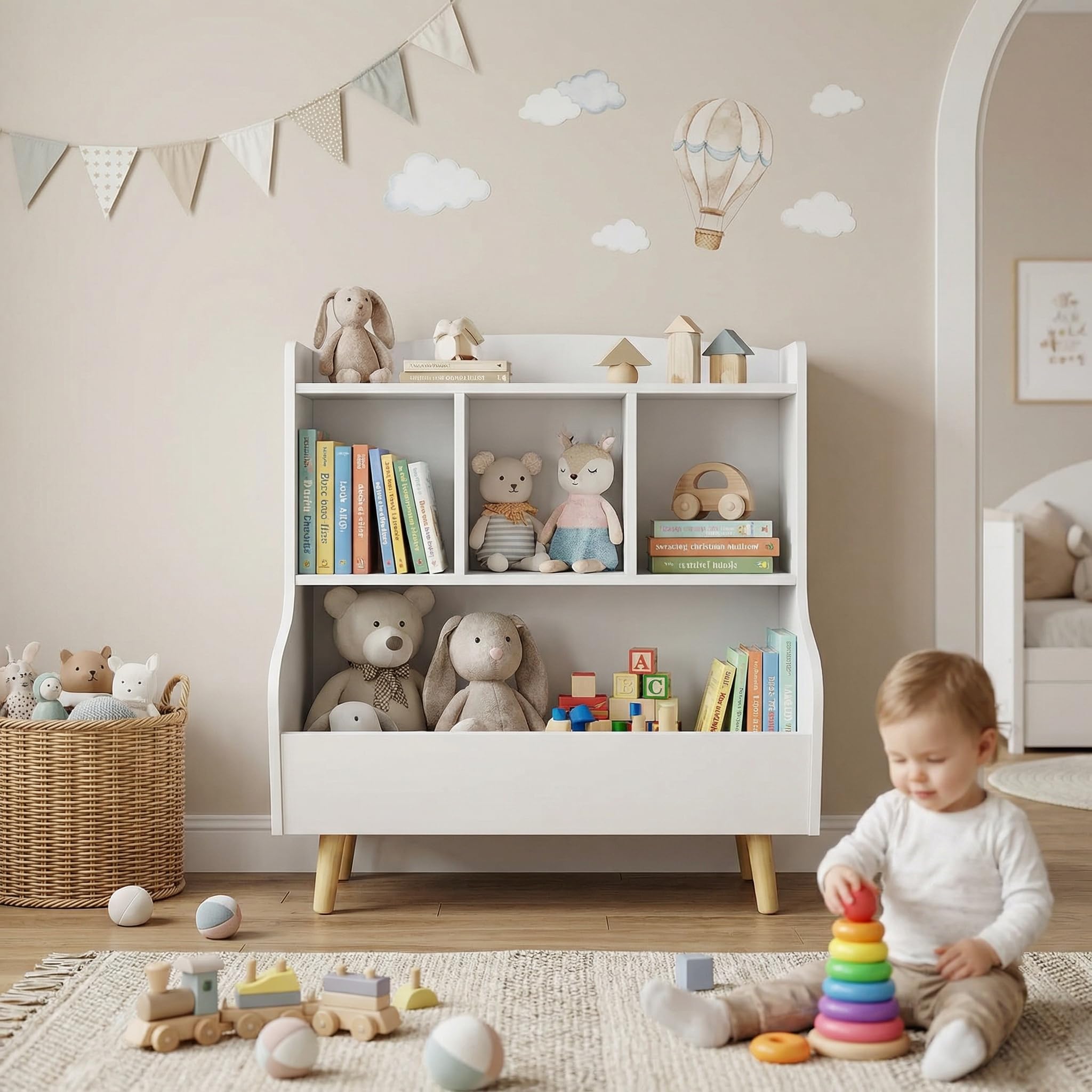 Estantería para niños con Almacenamiento de Juguetes - Biblioteca para niños, estantería de 3 Niveles con Patas, 5 Compartimentos para habitación de niños y de bebé, Blanca