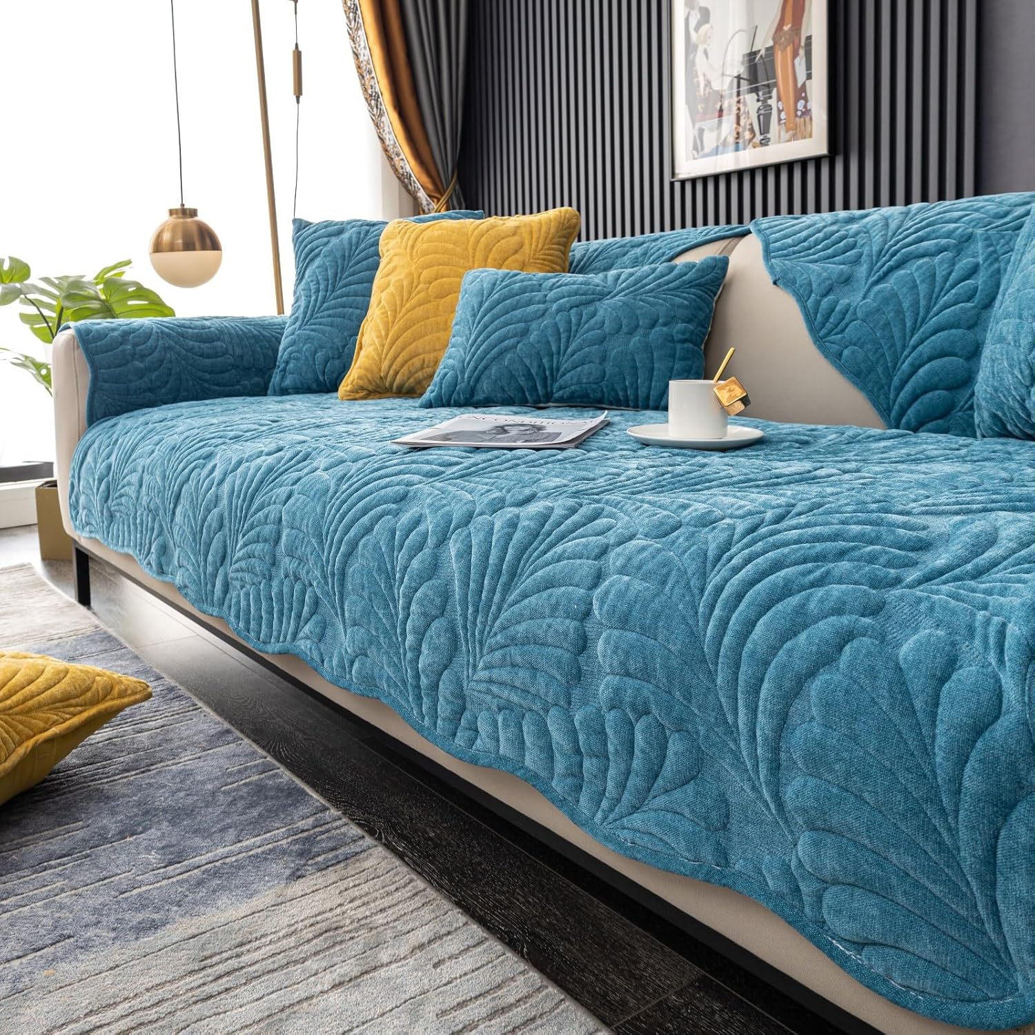 Palm Leaves Sofa Couch Cover Chenille Plush Quilted Sectional Couch Cover 1-Piece Non Slip Soft Sofa Slipcover Furniture Protector for Pets Kids Children Dog Cat (Blue,36"x94")