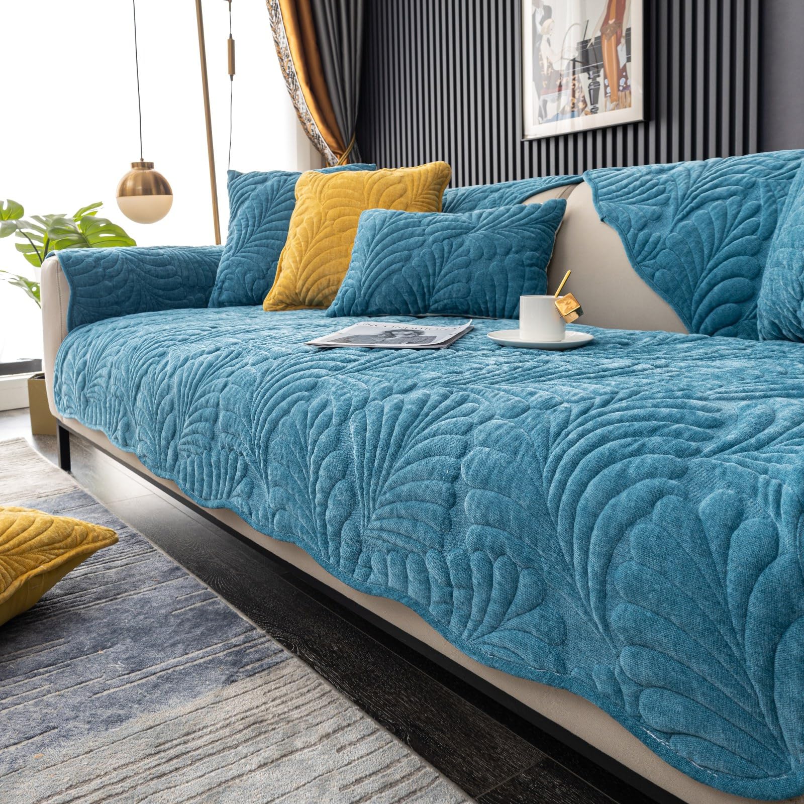 XSlive Palm Leaves Sofa Couch Cover Chenille Plush Quilted Sectional Couch Cover 1-Piece Non Slip Soft Sofa Slipcover Furniture Protector for Pets