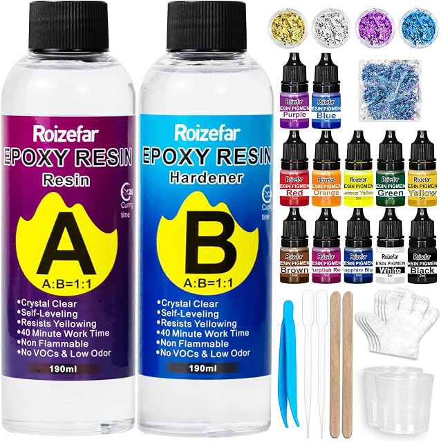 Resin Kit 380ml, Crystal Clear Epoxy Resin, Coating and Casting Resin with Foil Flakes, Resin Colour Pigment, Sequins for Artwork, Jewelry Making, River Table