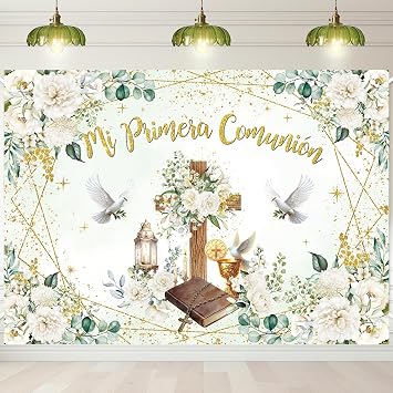Mi Primera Comunion Banner Backdrop 8x6FT First Holy Communion Baptism Photography Background Greeney Christening God Bless Party Decorations Photo Props