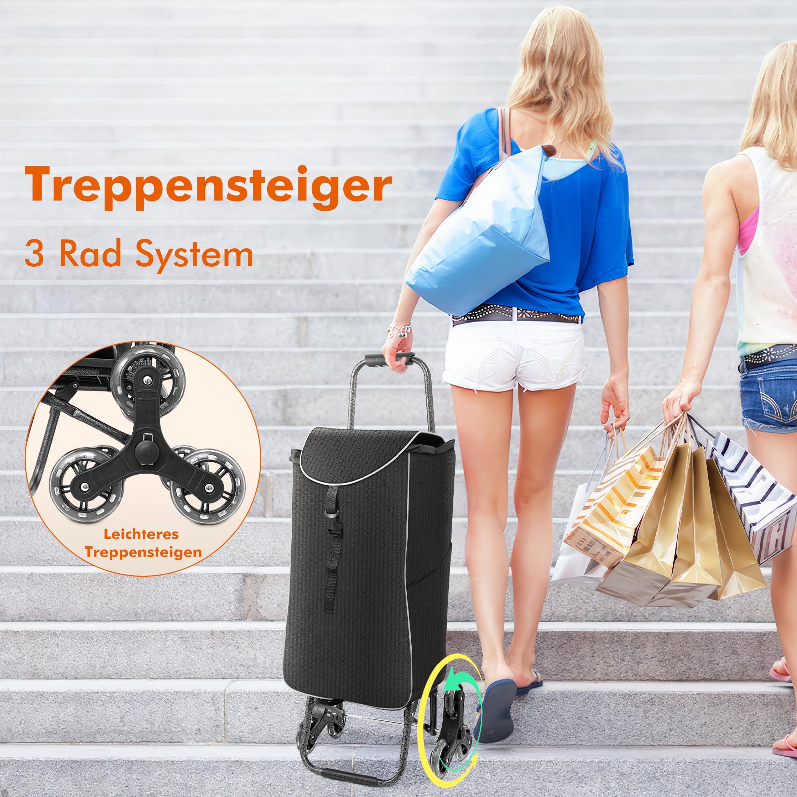 3 in1 Einkaufstrolley Klappbar,Einkaufswagen m𝐢t 40L Kapazität und belastbar bis 30kg,Einkaufstrolley mit Sitz,Einkaufstasche mit Rollen,Wasserfest Einkaufstrolleys Treppensteiger,Schwarz