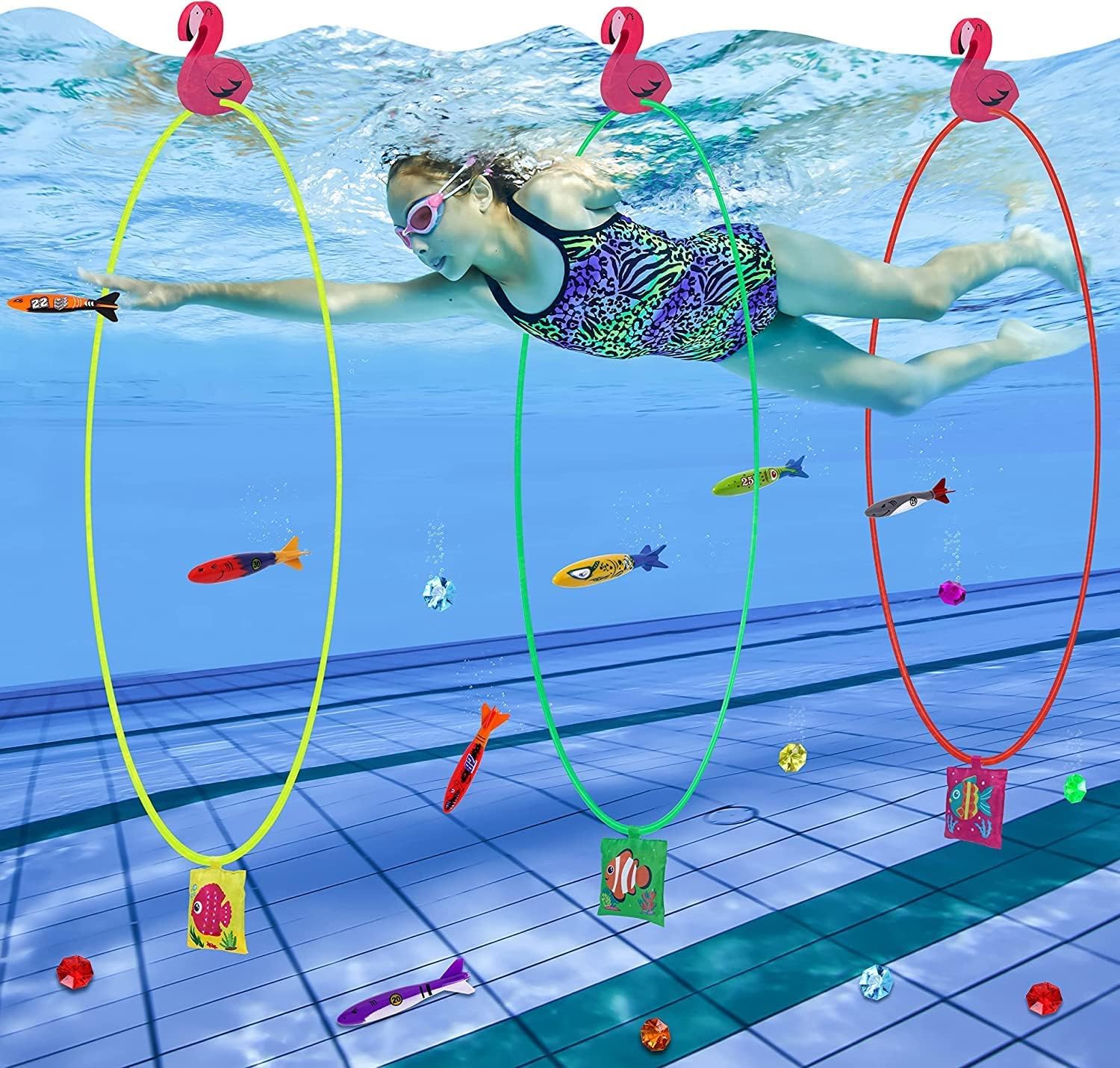 Diving Swim Thru Rings, Include 3 Diving Through Swim Rings, 3 Buoys, 3 Sand Bags，Dive Hoops Pool Float Water Sports for Boys/Girls, Diving Toys Underwater Training Swimming Pool Accessories