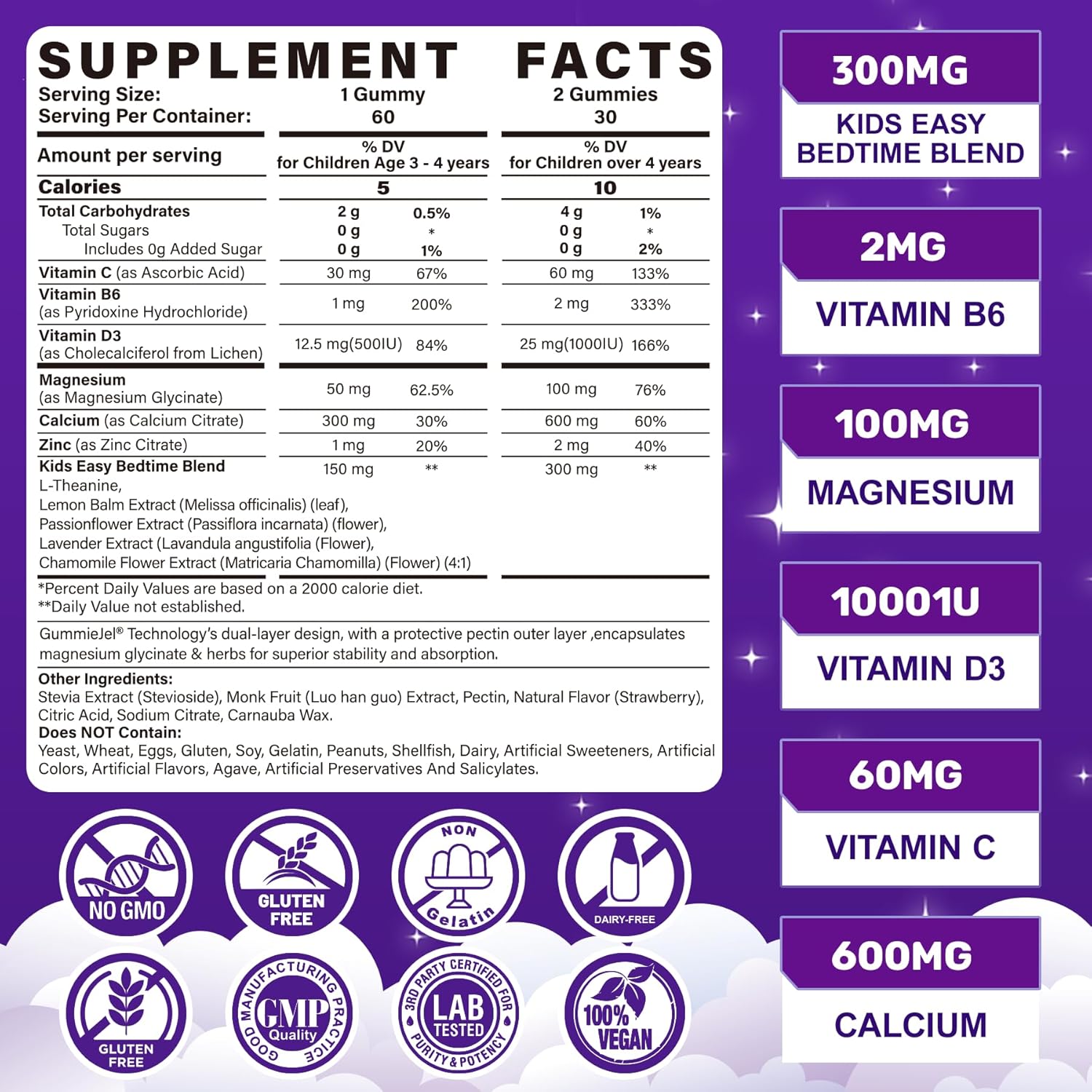 Kids Sleep Gummies - Magnesium Glycinate for Kid, Melatonin Free Nighttime Gummies | with Vitamin C for Immune, Calcium & D3 for Growth | GummieJel Liquid-Filled Melatonin Alternative, 60ct - Image 2