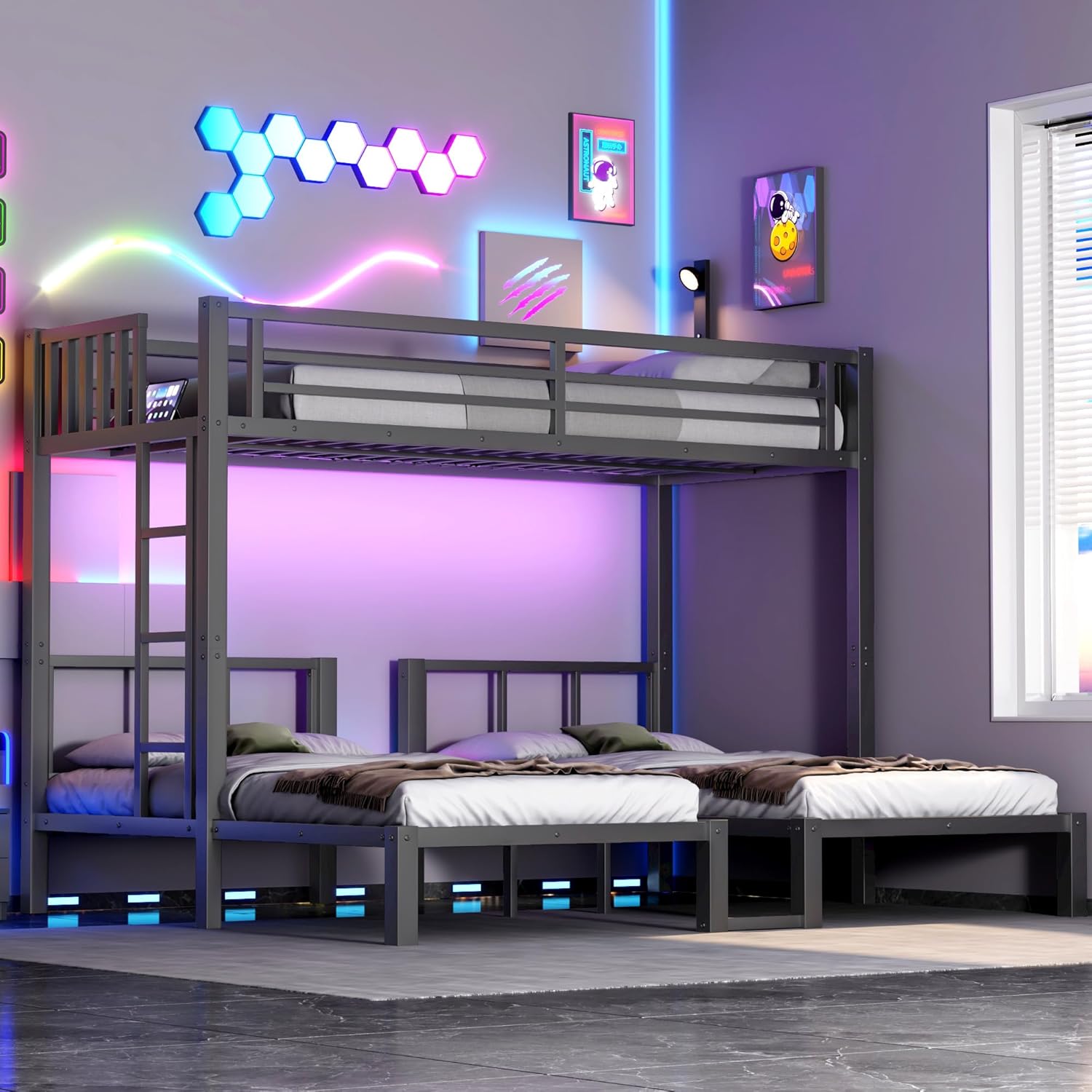 Triple Bunk Bed with LED Lights,Metal Bunk Beds Convertible to 3 Beds with Charging Station,Heavy Duty Bunk Bed Frame with Guardrails and Ladder, for Kids Teens(Black)