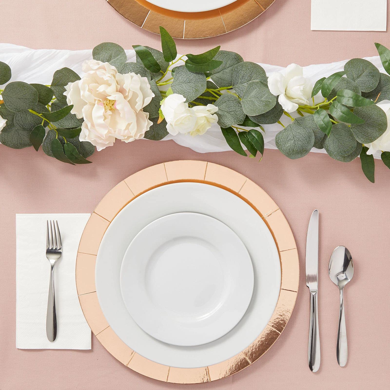 Lot de 24 chargeurs or rose pour assiettes de dîner, fête d'anniversaire, papier métallique (33 pouces)