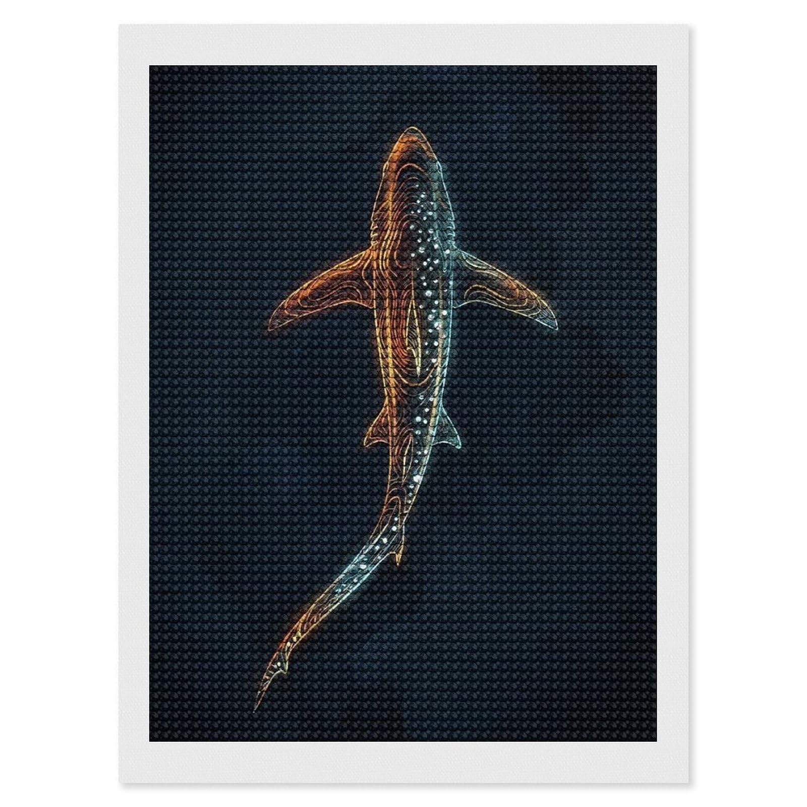 Junmoney Abstract Shark Illustration on Dark Background Round Drill Diamond Painting 12"x16", for Craft Lovers, Stress Relief Craft, Bedroom Decor, Festive Craft Gift