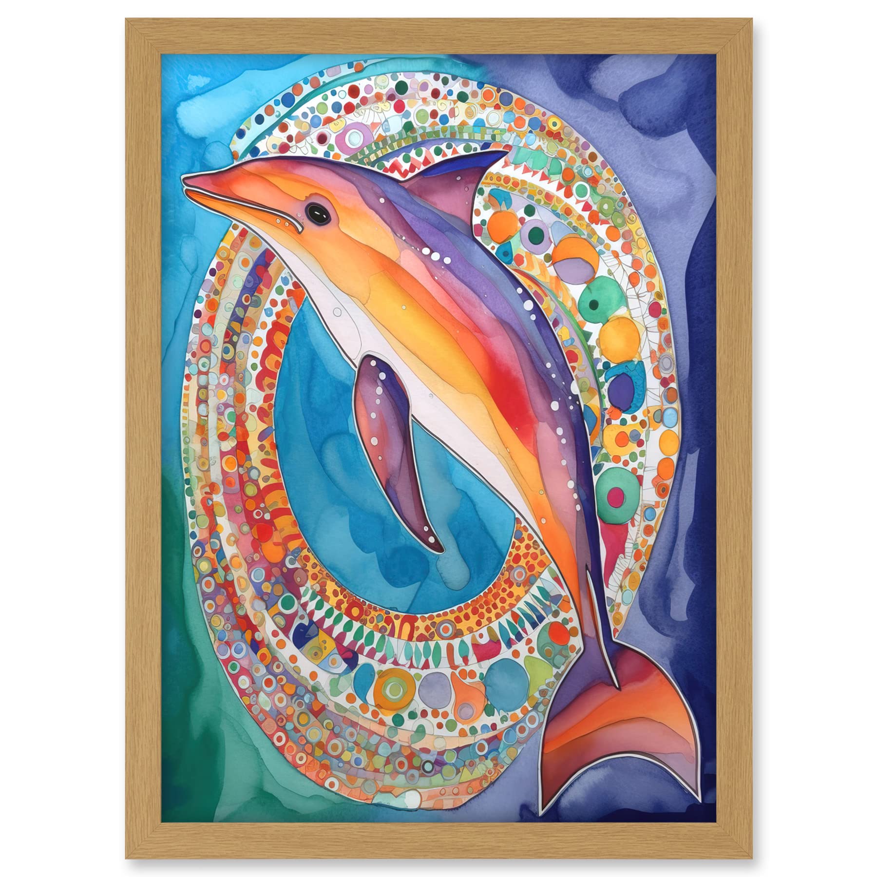 Artery8 Rainbow Dolphin And Pattern Hoop Folk Art Watercolour Painting Artwork Framed A3 Wall Art Print