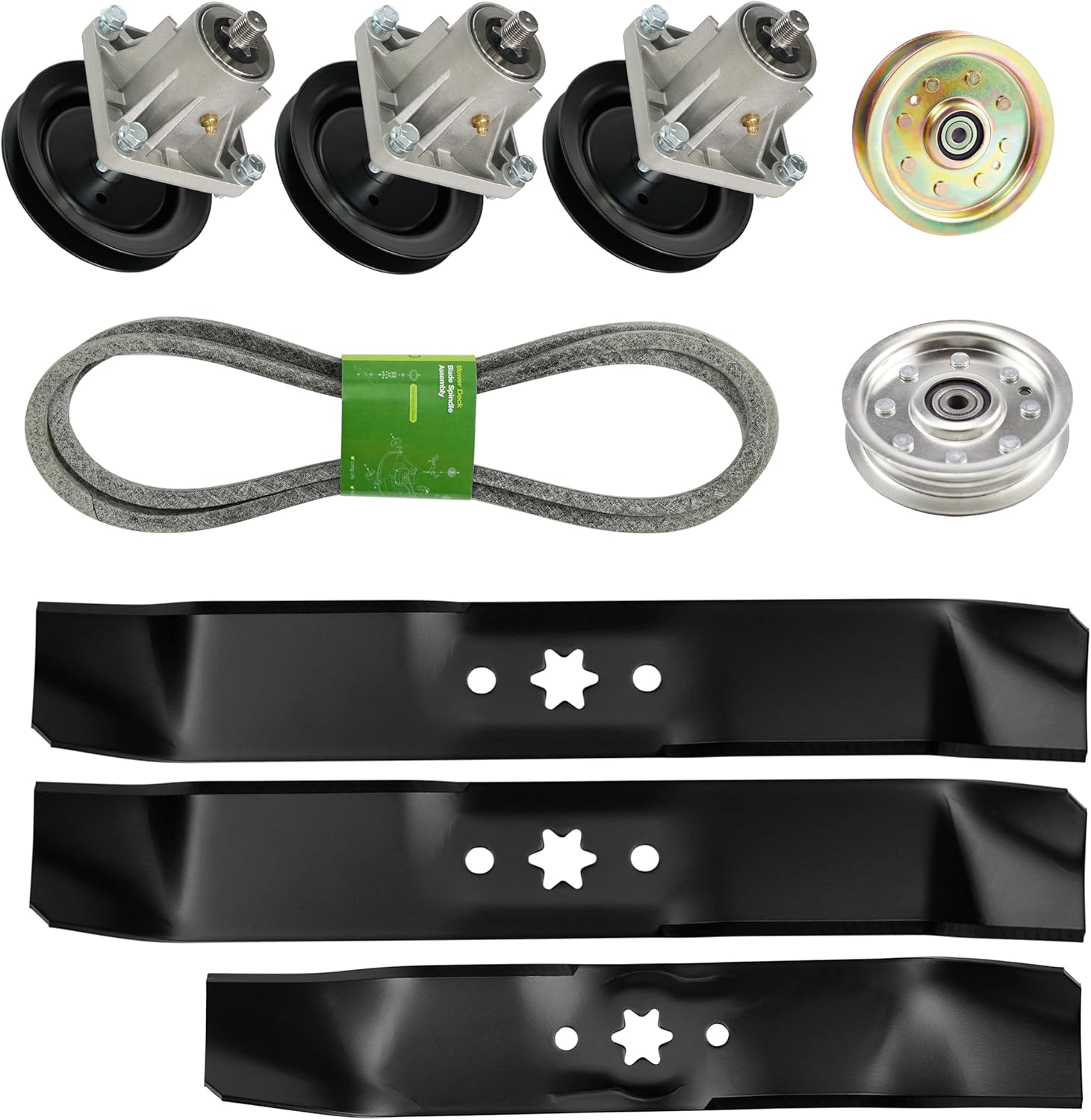 q&p Deck Rebuild Kit fit for 46" LT1045 LT1046 Includes (3) Spindle 618-0660 (1) Idler Pulley 756-0627 (1) Idler Pulley 756-04129 (1) V-Belt 754-04153 (1) Blade 742-04125 (2) Blade 742-04124