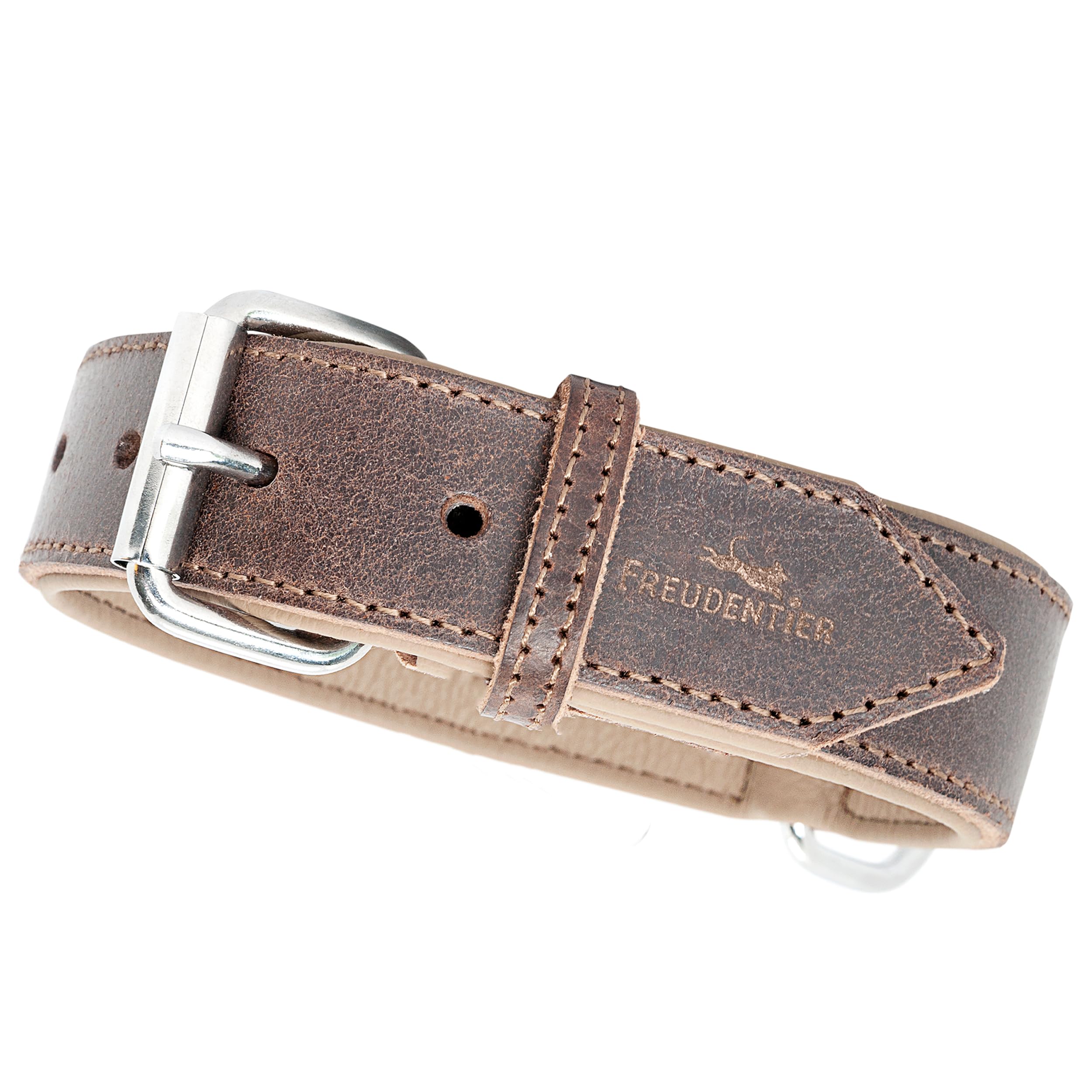 FREUDENTIER Hundehalsband aus Leder, Made in Holland, gefüttert & super komfortabel, hochwertiges breites Lederhalsband aus Vollnarbenleder, Model “Amstelpark” (47-57cm Halsumfang, Dark Chocolate)