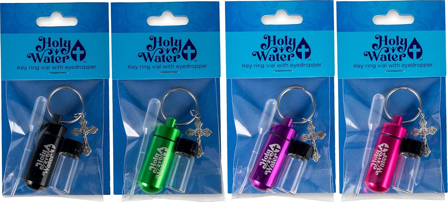 Holy Water Bottles Set, 4 Catholic Accessory Travel Kits, Pink, Purple, Green, & Black Protective Keychains with Ornate Crucifix Cross Pendant, Plastic Dropper, Small Empty Glass Container