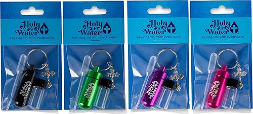 Juego de botellas de agua bendita, 4 accesorios católicos de viaje, llaveros protectores rosa, morado, verde y negro con colgante de cruz de
