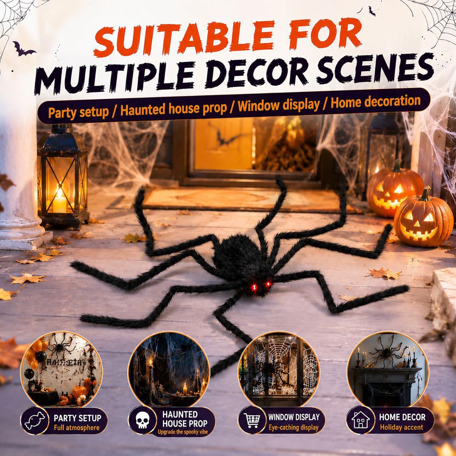 Halloween-Spinne Dekoration Schwarz mit Roten Augen 150 cm，Schwarz-2pcs | Gruselig & Realistisch, Innen- & Außenbereich, Biegbare Beine, Für Partys & Streiche, Überlebensgroß 80 cm hoch