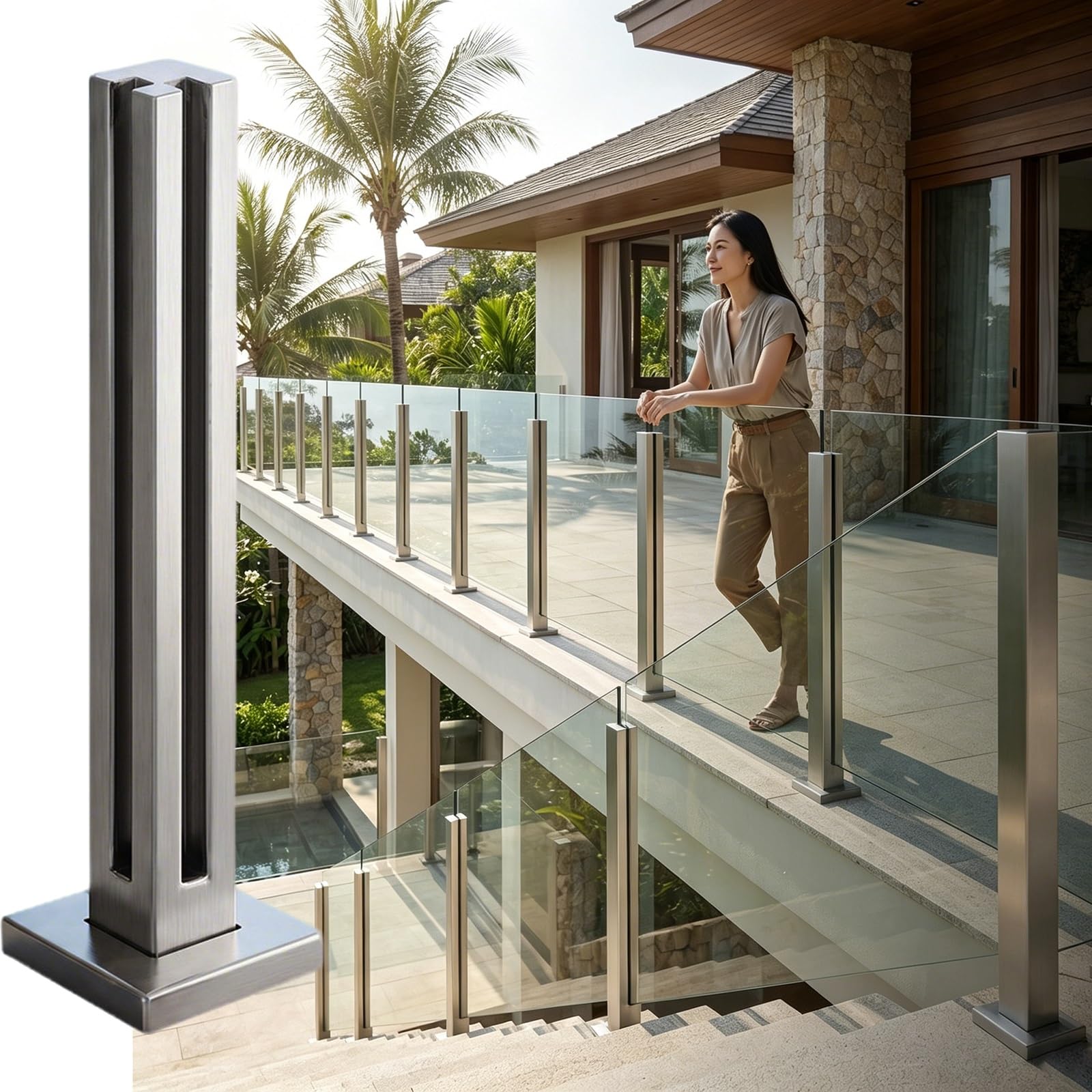 Frameless Glass Fence Clamps with Slot And Base, Indoor Outdoor Deck Balcony Patio Terrace Platform Landing Guardrail Panels Balustrade Post, Fits 3/8-1/2in Glass(Silver Corner Post,85cm/33.5 in)
